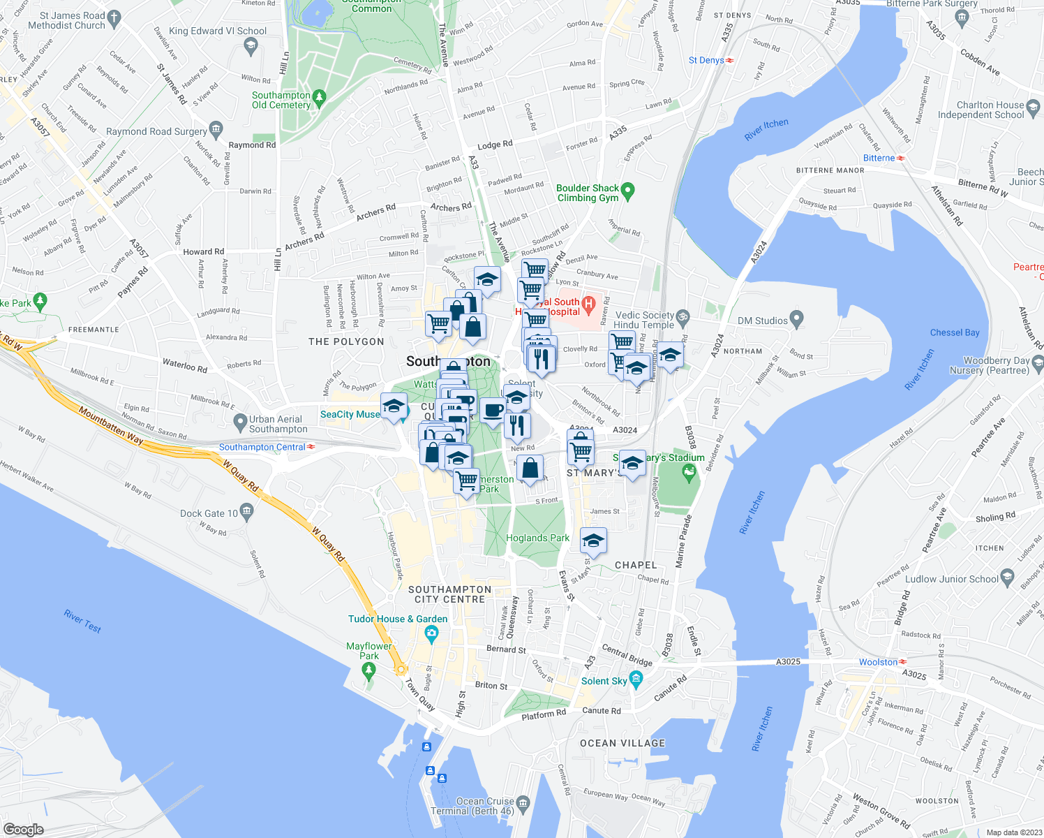 map of restaurants, bars, coffee shops, grocery stores, and more near East Park Terrace in Southampton