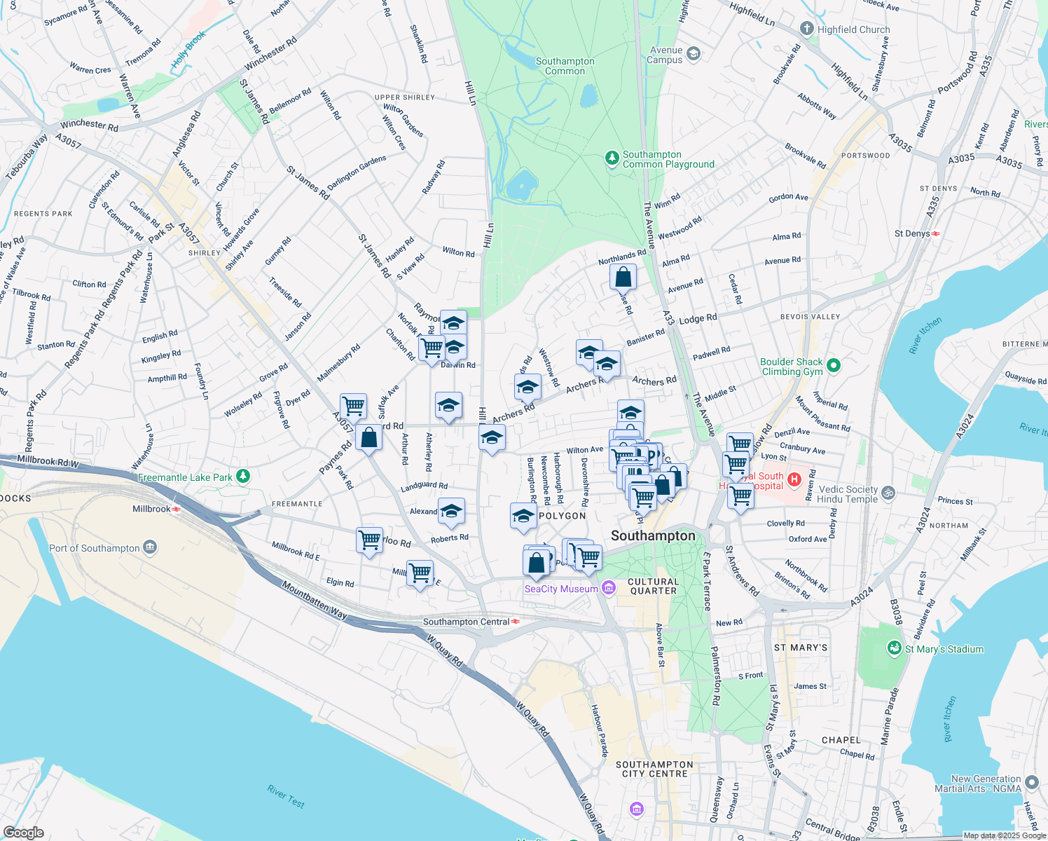 map of restaurants, bars, coffee shops, grocery stores, and more near The Dell in Southampton
