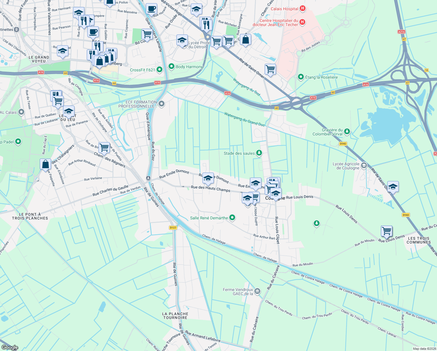 map of restaurants, bars, coffee shops, grocery stores, and more near 100 Rue Emile Dumont in Coulogne