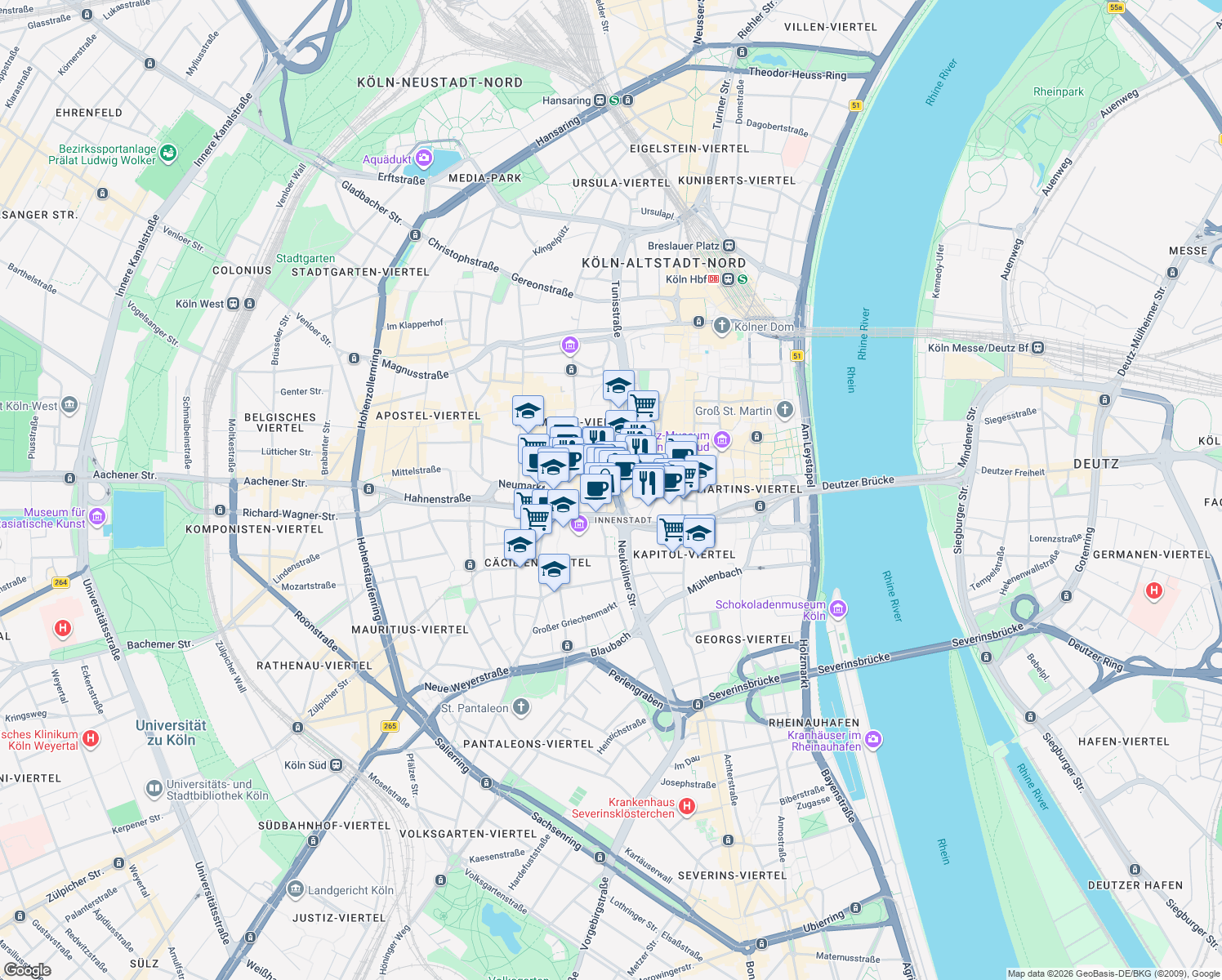 map of restaurants, bars, coffee shops, grocery stores, and more near 65 Schildergasse in Cologne