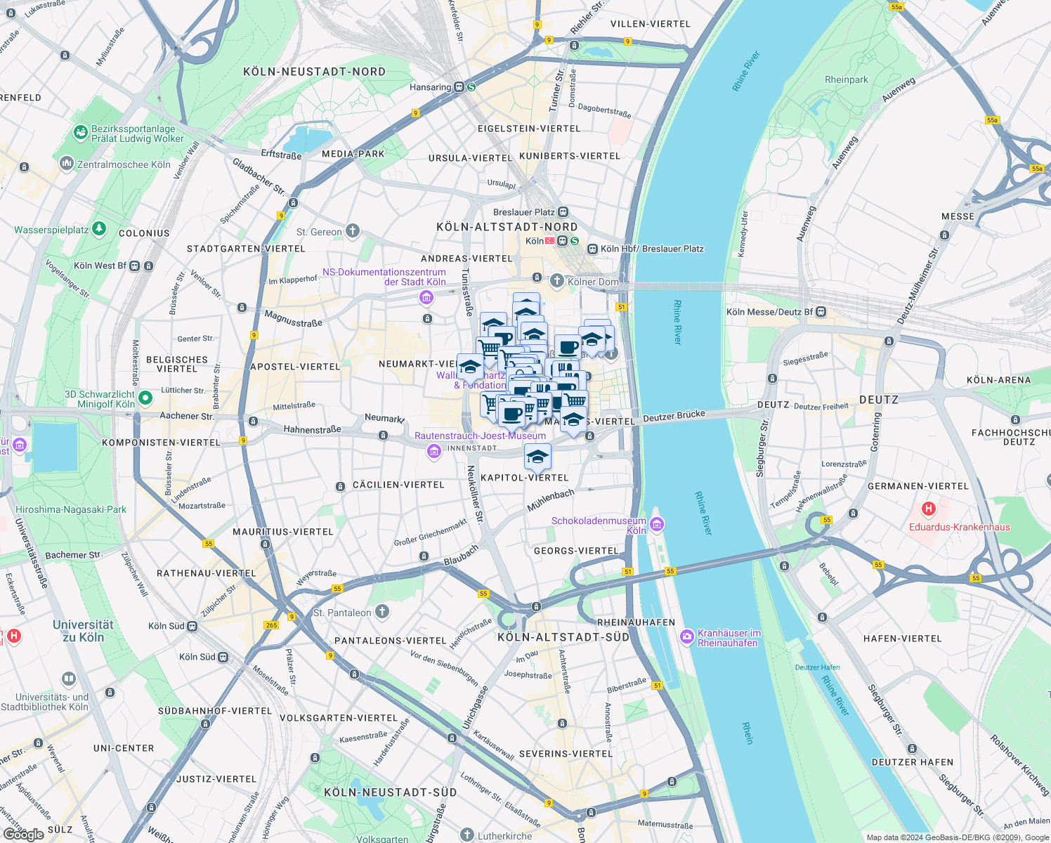 map of restaurants, bars, coffee shops, grocery stores, and more near 52 Hohe Straße in Köln