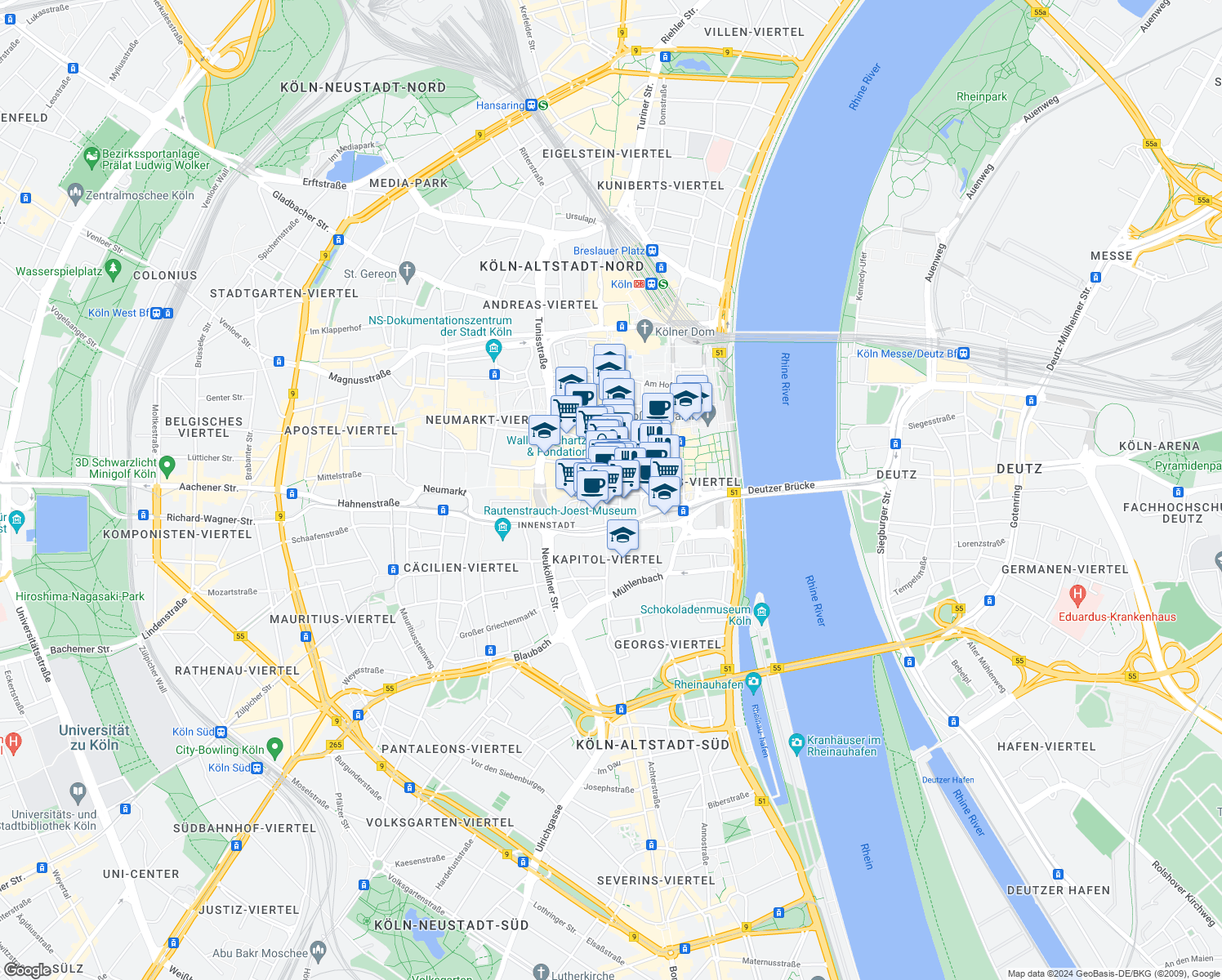 map of restaurants, bars, coffee shops, grocery stores, and more near 52 Hohe Straße in Köln