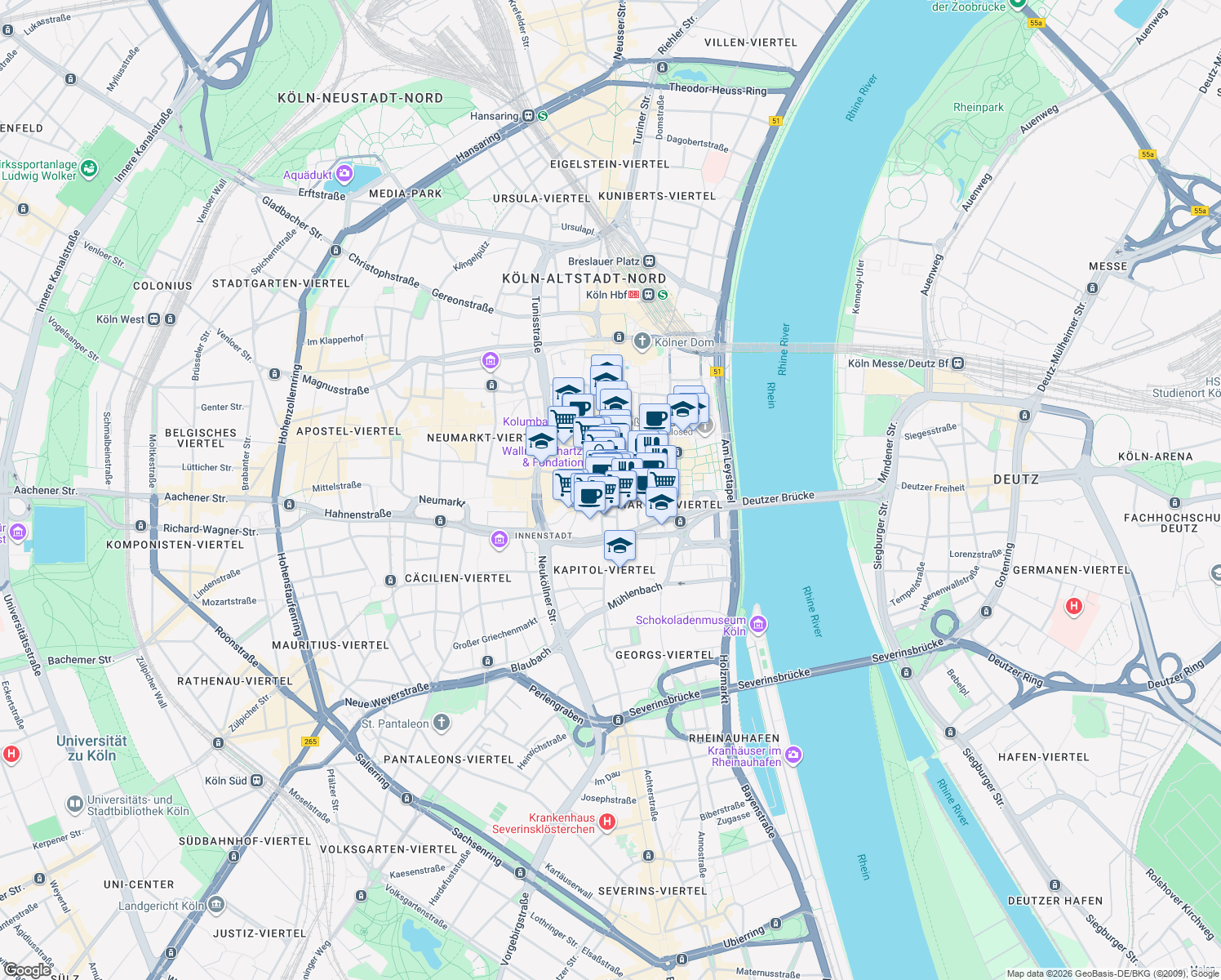 map of restaurants, bars, coffee shops, grocery stores, and more near 4 In der Höhle in Köln
