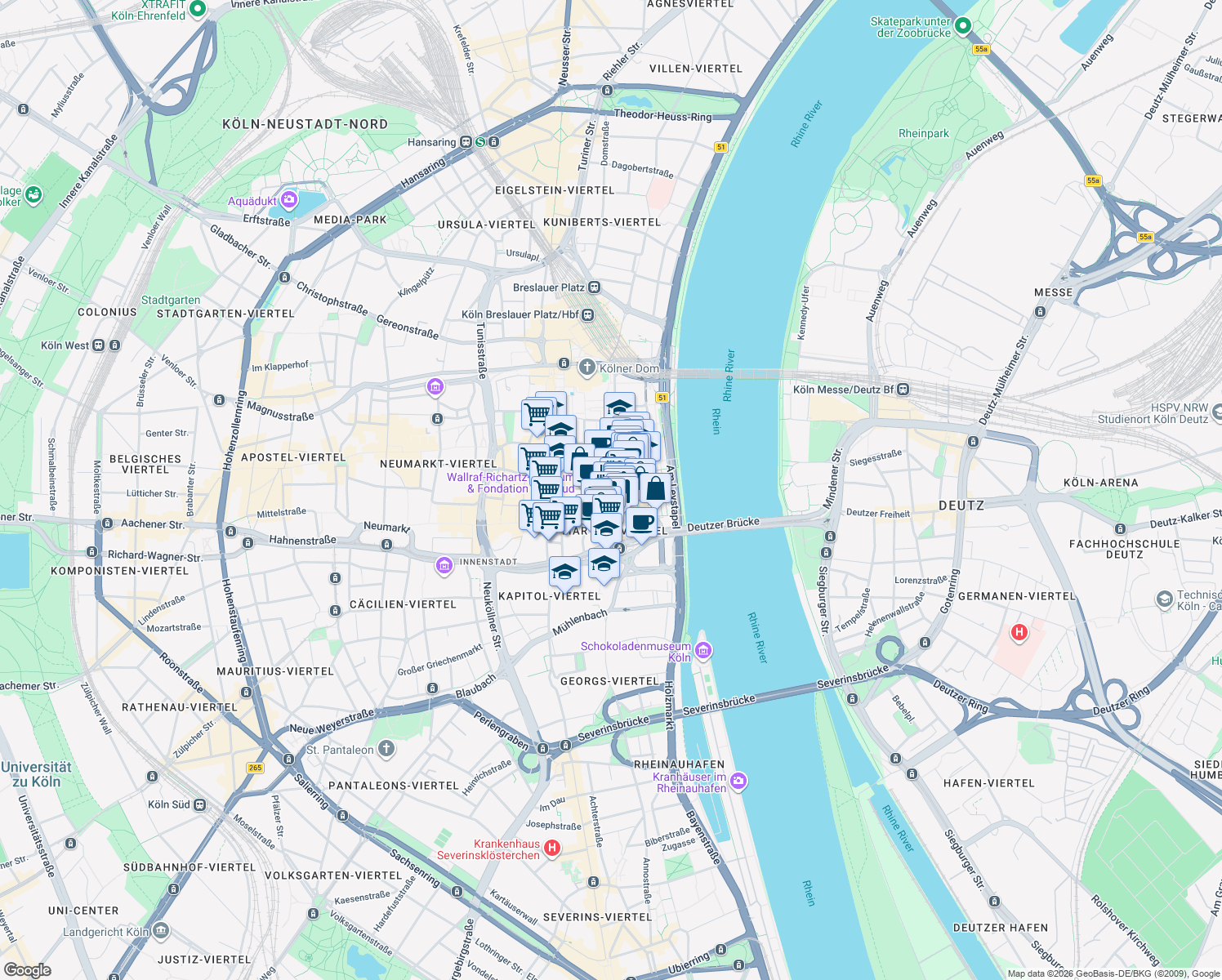 map of restaurants, bars, coffee shops, grocery stores, and more near 11 Marsplatz in Cologne