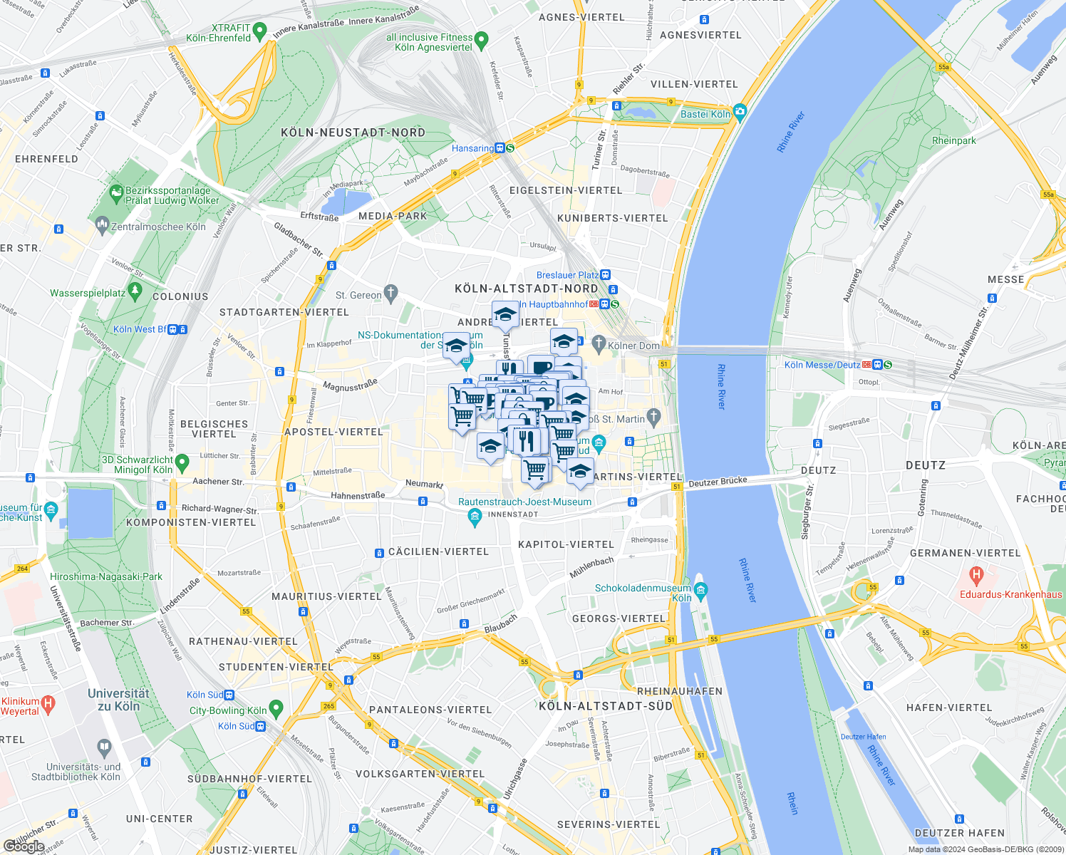 map of restaurants, bars, coffee shops, grocery stores, and more near 4 Kolumbastraße in Köln