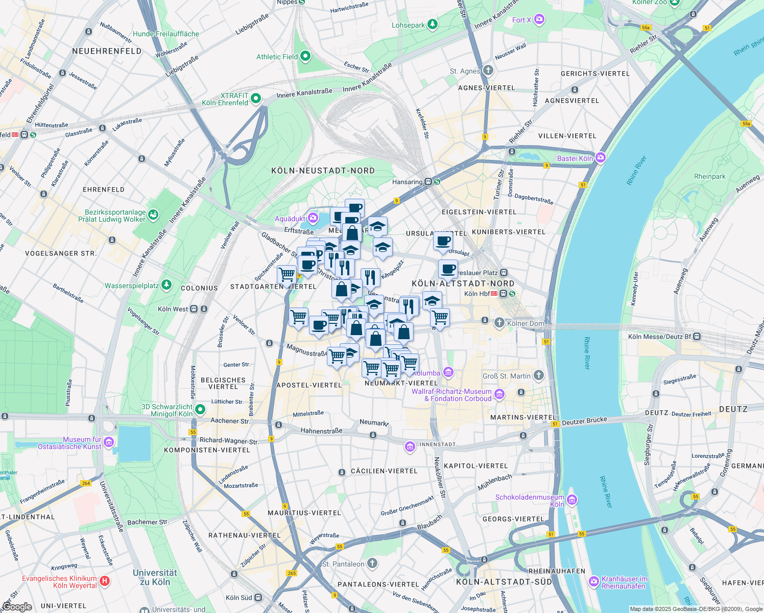map of restaurants, bars, coffee shops, grocery stores, and more near 43 Gereonstraße in Köln