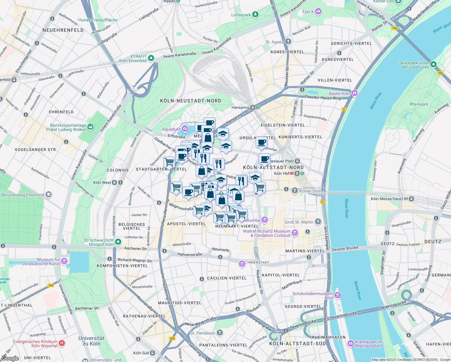 map of restaurants, bars, coffee shops, grocery stores, and more near 43 Gereonstraße in Köln
