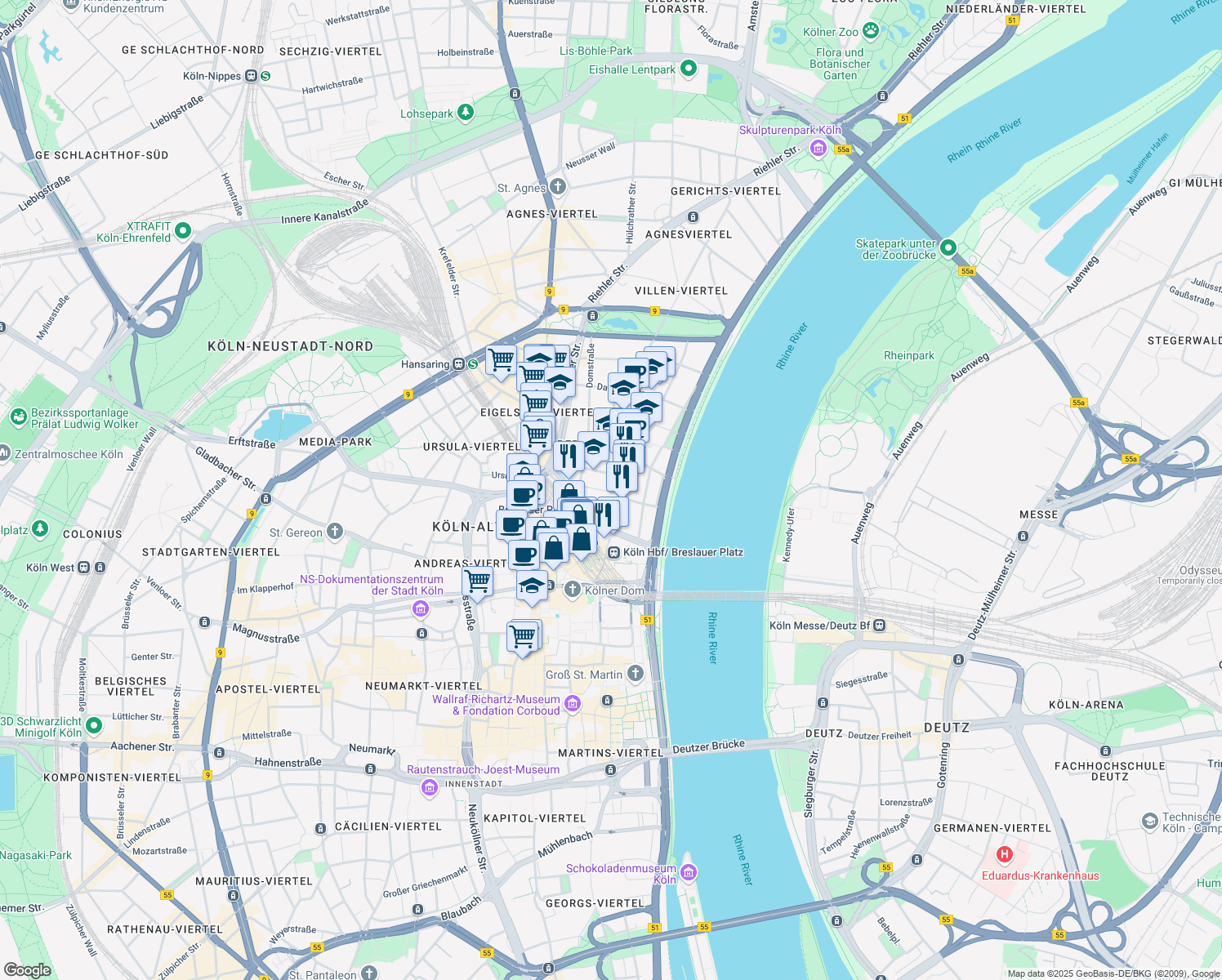 map of restaurants, bars, coffee shops, grocery stores, and more near 21 Brandenburger Straße in Köln