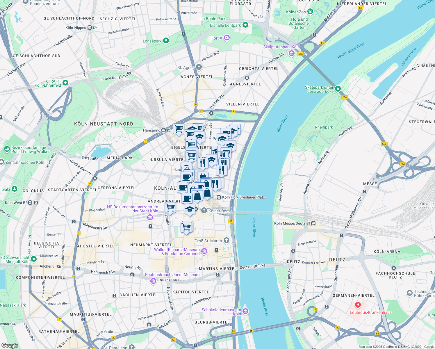 map of restaurants, bars, coffee shops, grocery stores, and more near 21 Brandenburger Straße in Köln