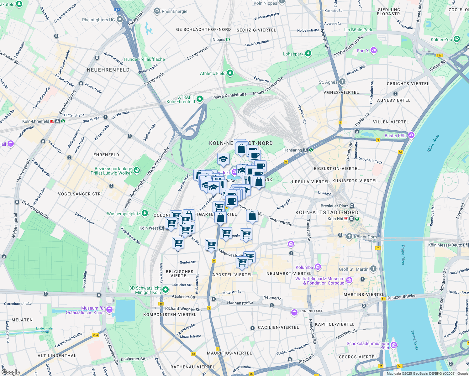 map of restaurants, bars, coffee shops, grocery stores, and more near 15-17 Erftstraße in Köln