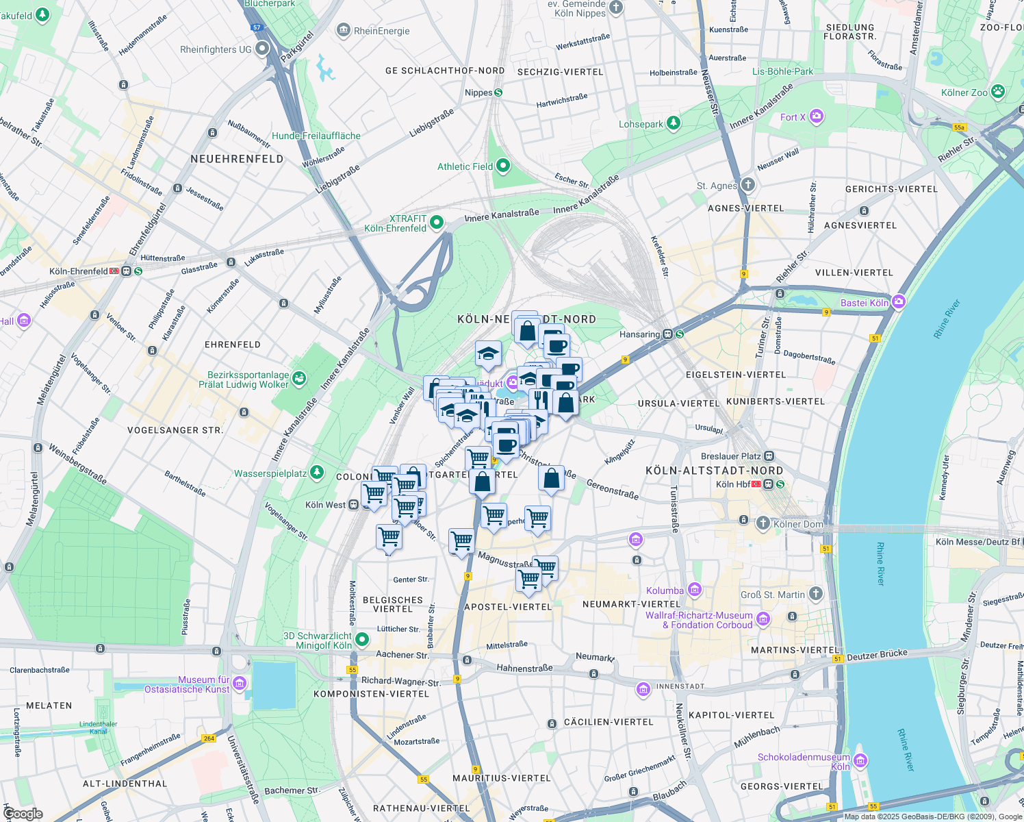 map of restaurants, bars, coffee shops, grocery stores, and more near 15-17 Erftstraße in Köln