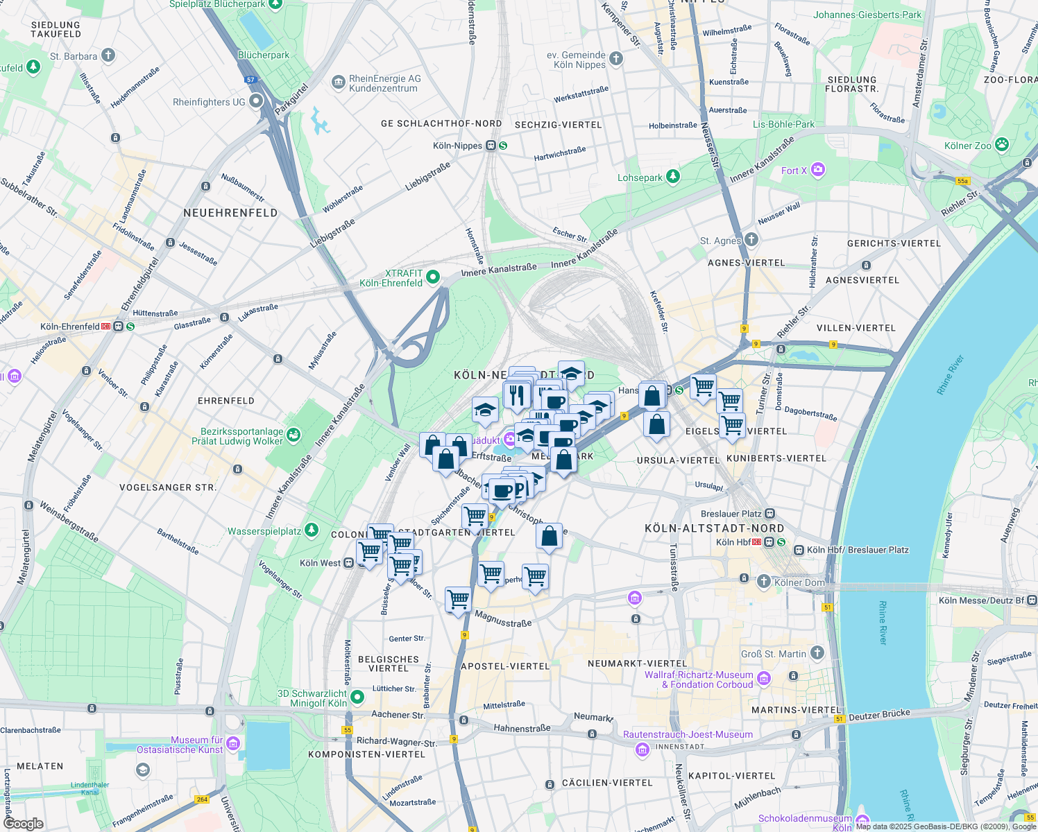 map of restaurants, bars, coffee shops, grocery stores, and more near 8B Im Mediapark in Cologne
