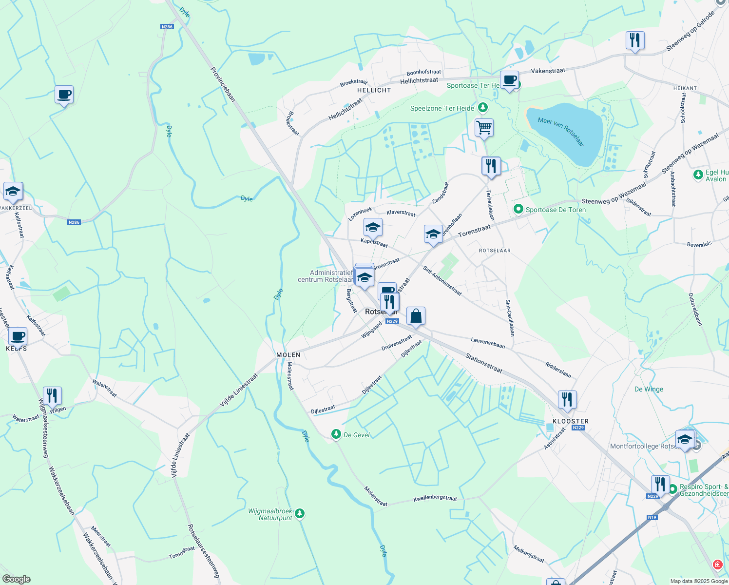 map of restaurants, bars, coffee shops, grocery stores, and more near 19 Provinciebaan in Rotselaar