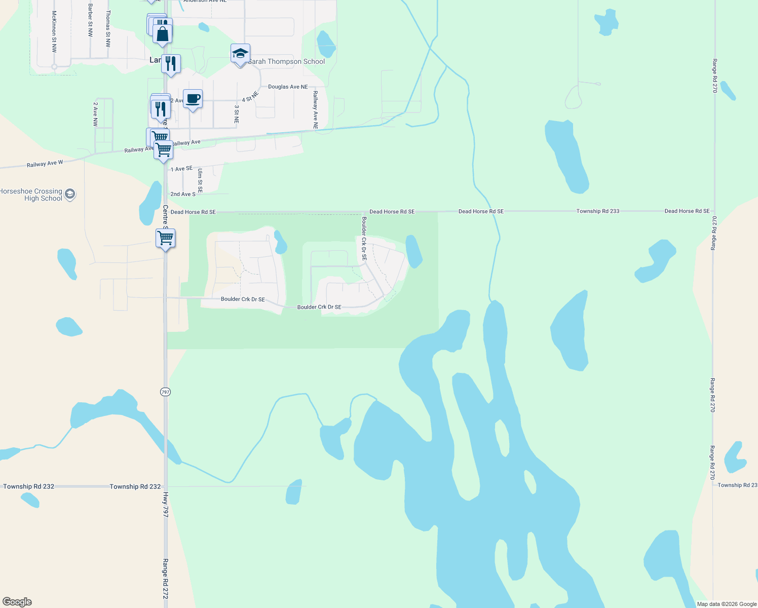 map of restaurants, bars, coffee shops, grocery stores, and more near 621 Boulder Creek Drive in Langdon