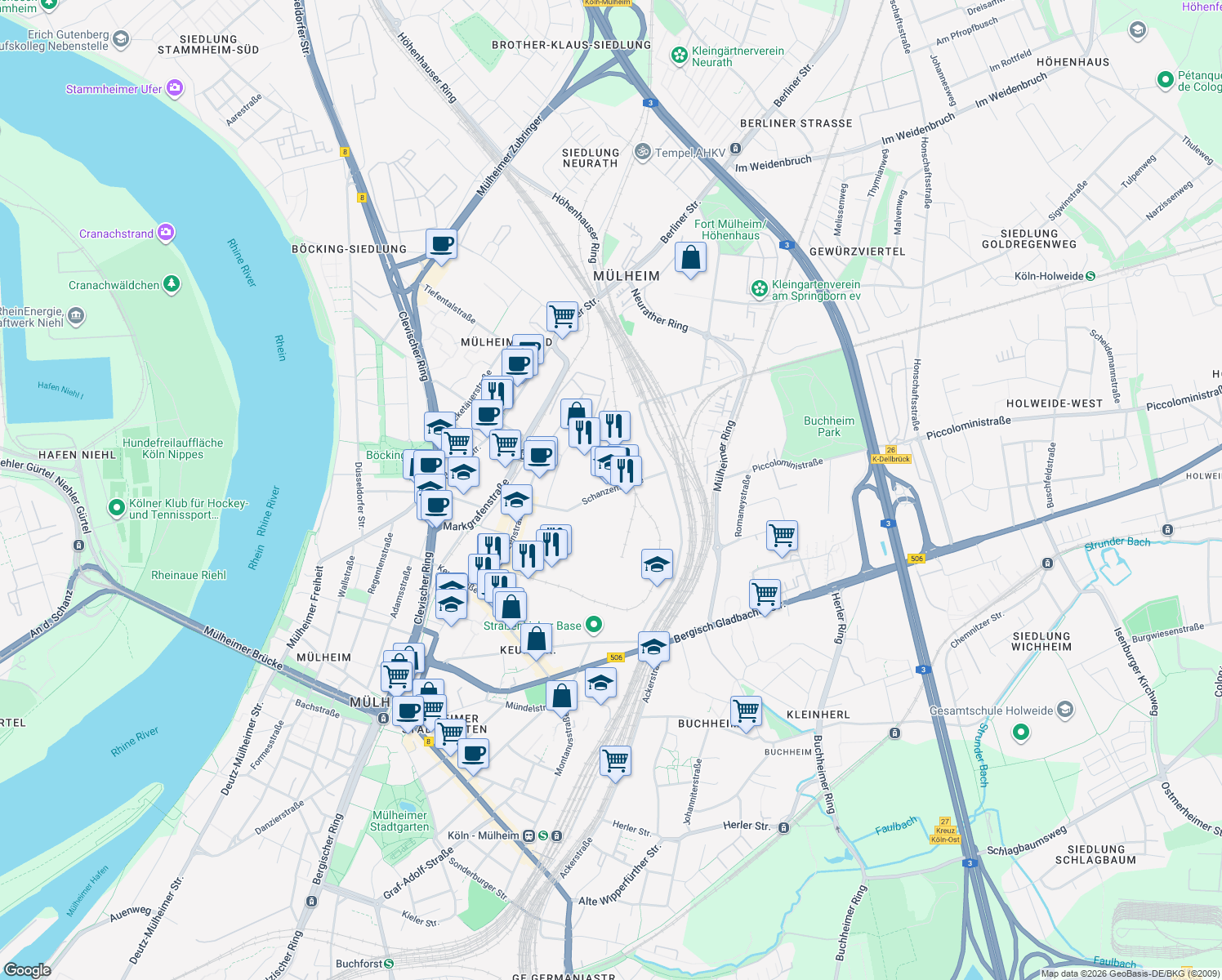 map of restaurants, bars, coffee shops, grocery stores, and more near Schanzenstraße in Köln