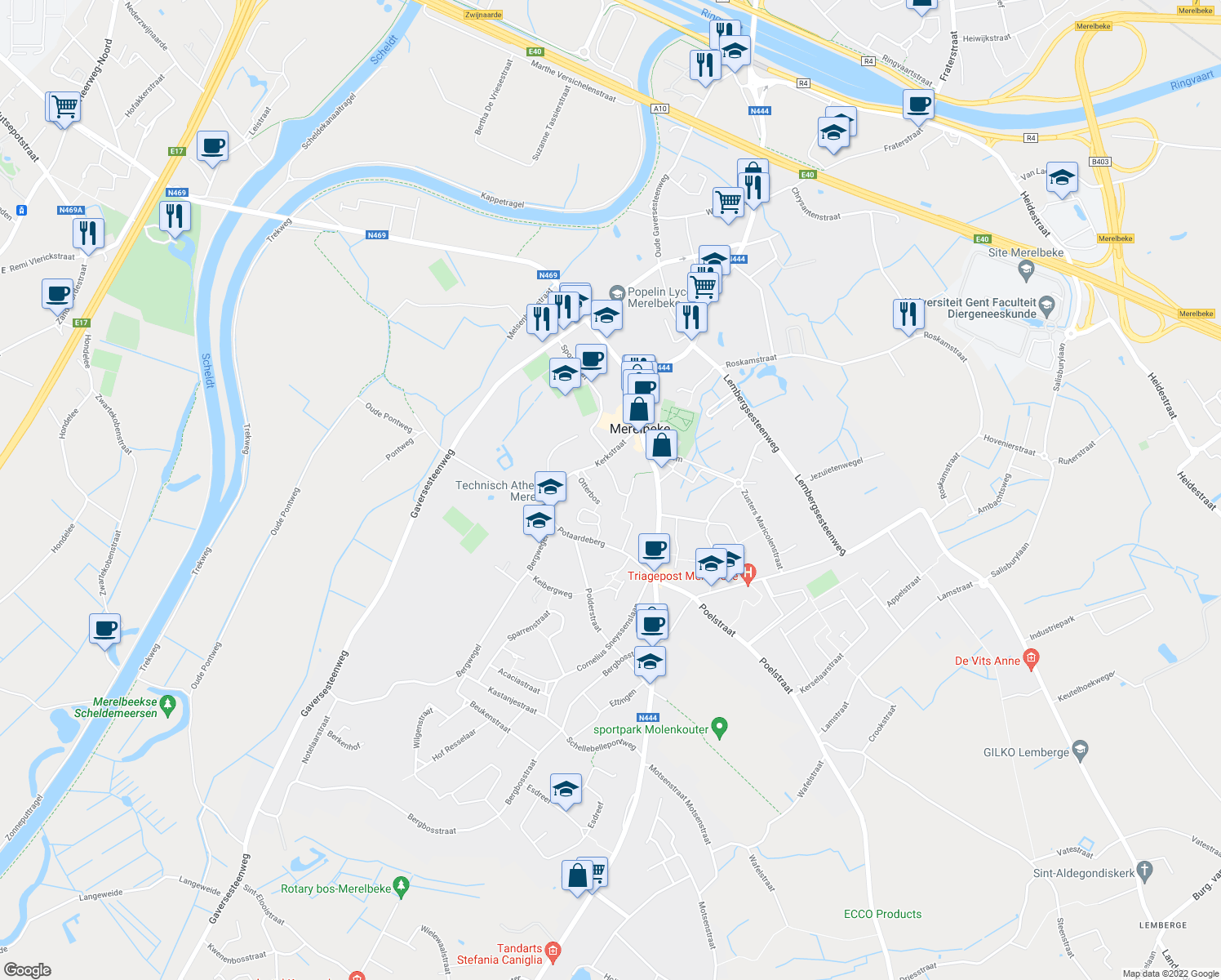 map of restaurants, bars, coffee shops, grocery stores, and more near 10 Ter Cleye in Merelbeke