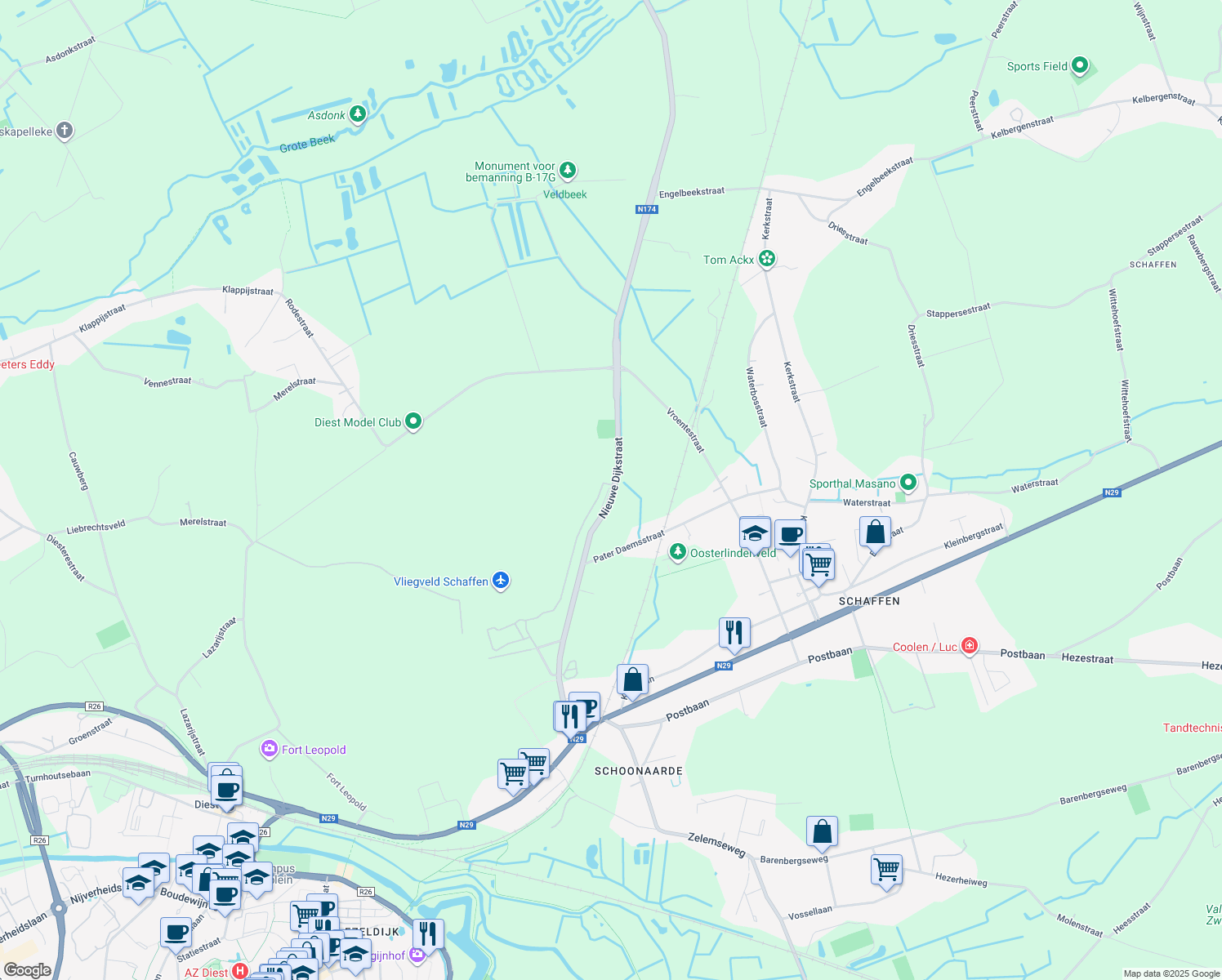 map of restaurants, bars, coffee shops, grocery stores, and more near 44 Nieuwe Dijkstraat in Diest