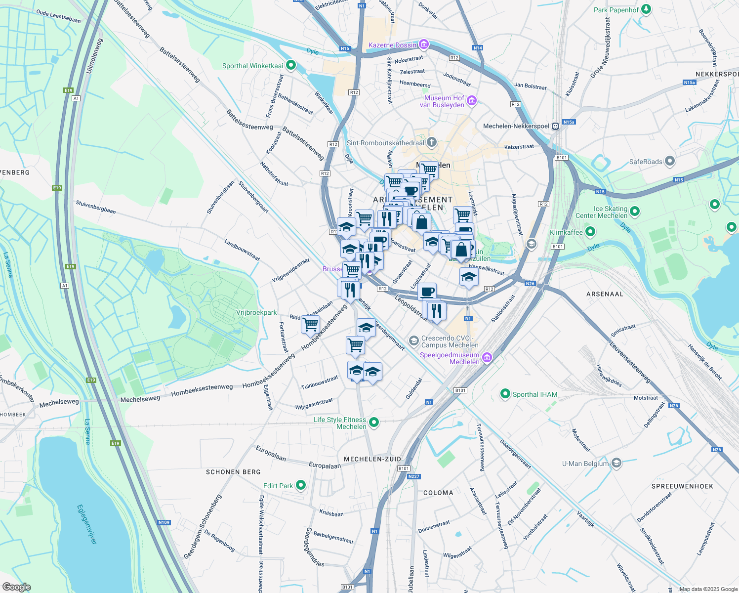 map of restaurants, bars, coffee shops, grocery stores, and more near in Mechelen