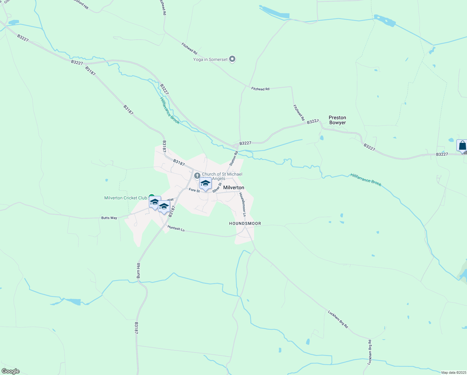 map of restaurants, bars, coffee shops, grocery stores, and more near in Milverton
