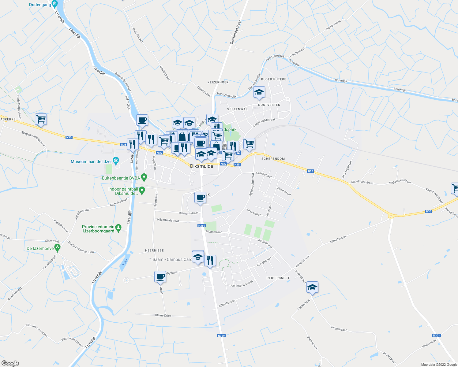 map of restaurants, bars, coffee shops, grocery stores, and more near 43 Tuinwijk in Diksmuide