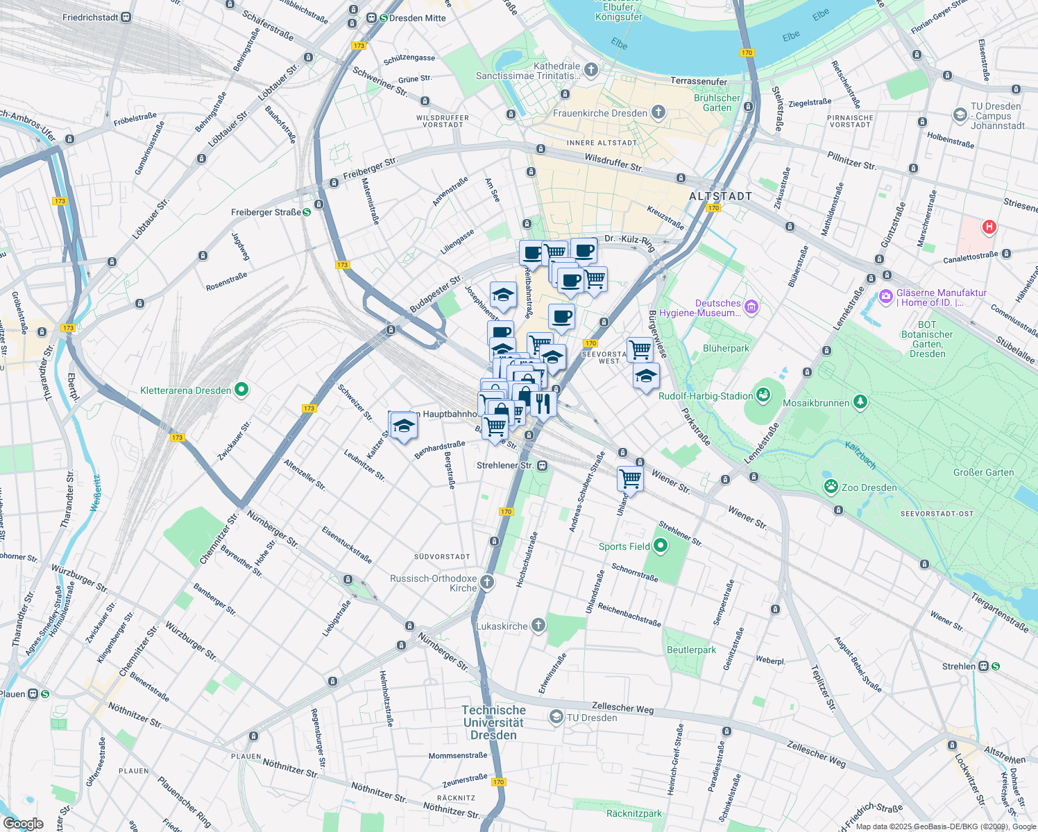 map of restaurants, bars, coffee shops, grocery stores, and more near 4 Wiener Platz in Dresden