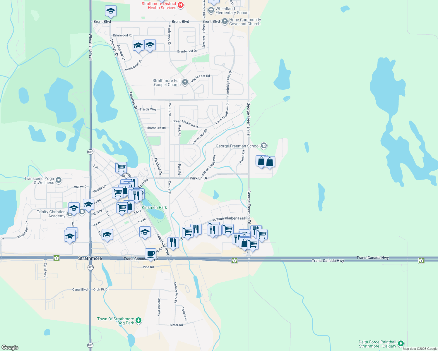 map of restaurants, bars, coffee shops, grocery stores, and more near 121 Park Lane Drive in Strathmore