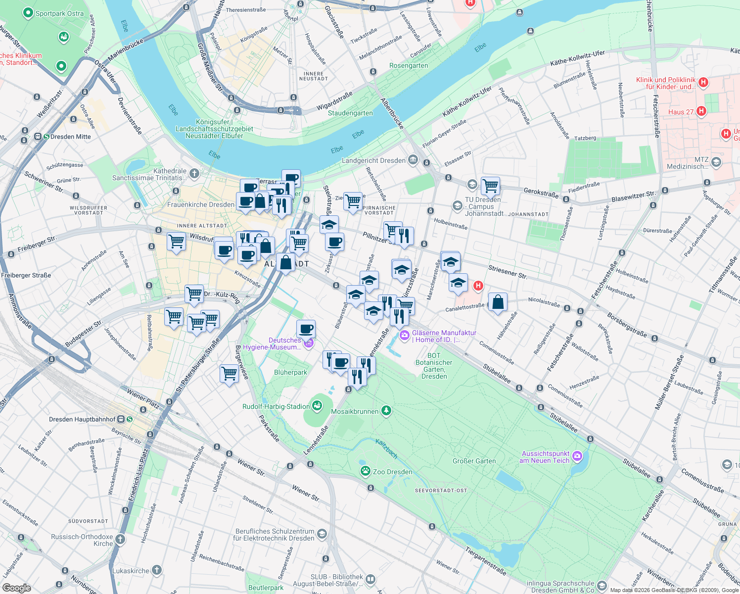 map of restaurants, bars, coffee shops, grocery stores, and more near 37 Grunaer Straße in Dresden