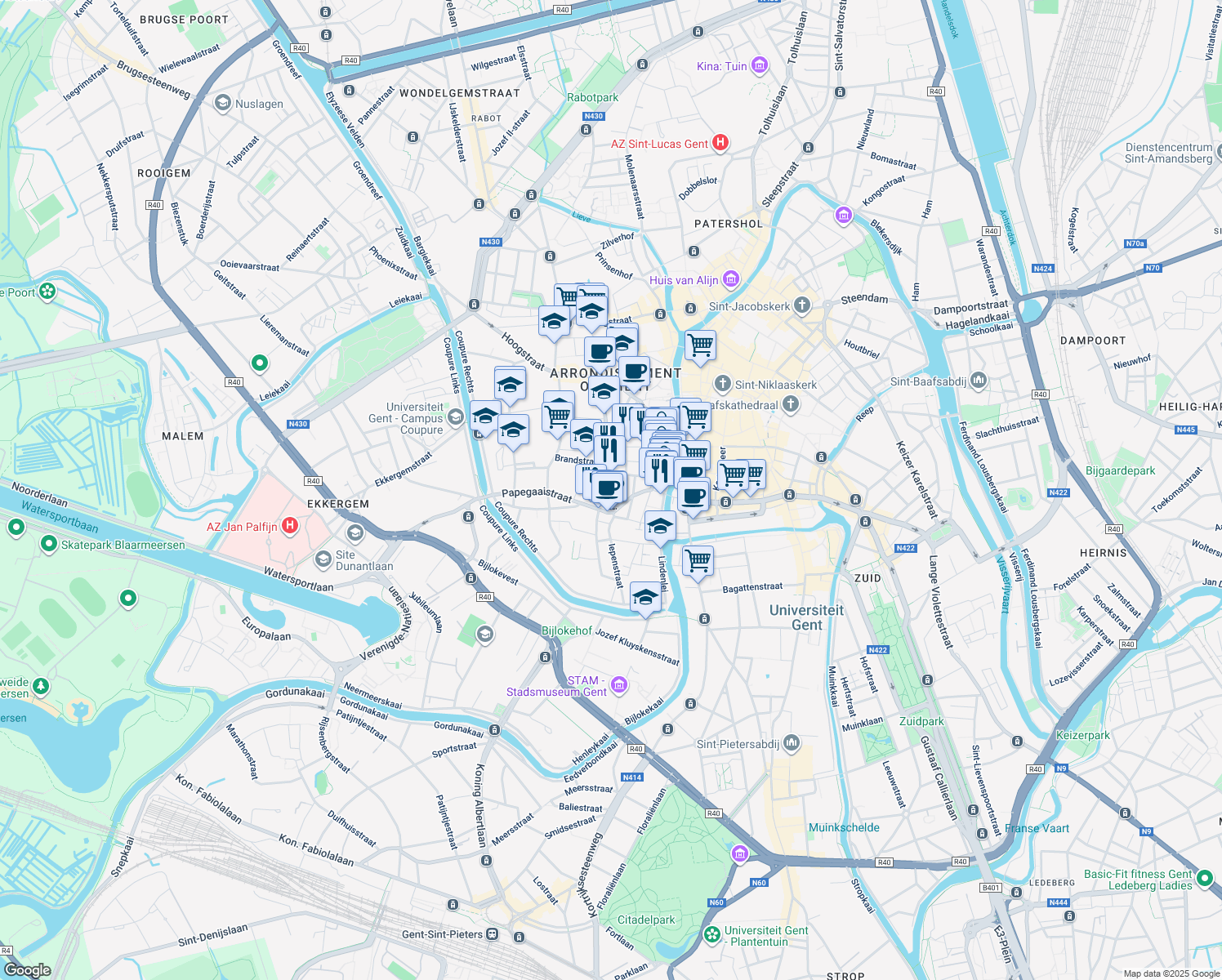 map of restaurants, bars, coffee shops, grocery stores, and more near 140 Oude Houtlei in Gent