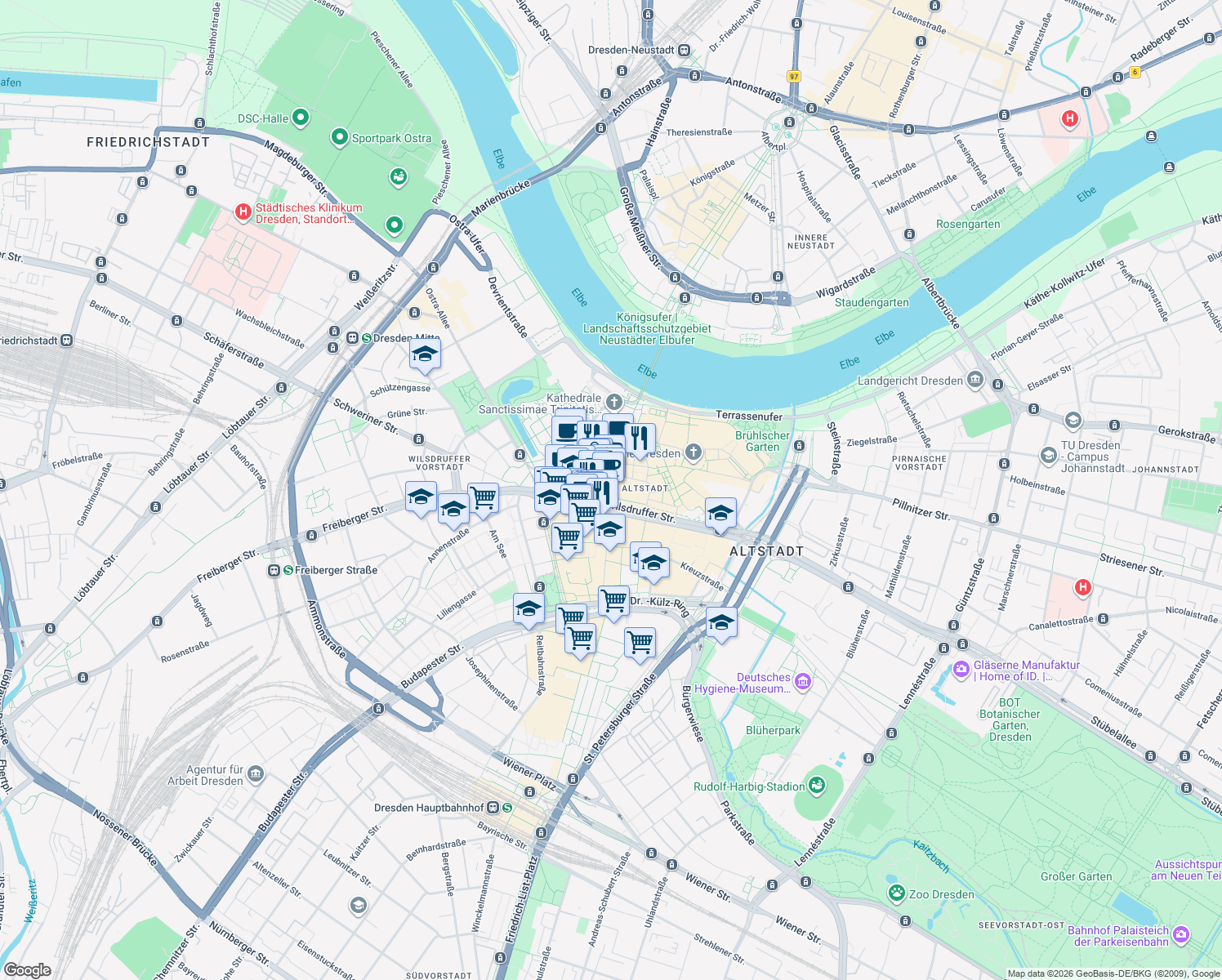 map of restaurants, bars, coffee shops, grocery stores, and more near 1 Schloßstraße in Dresden