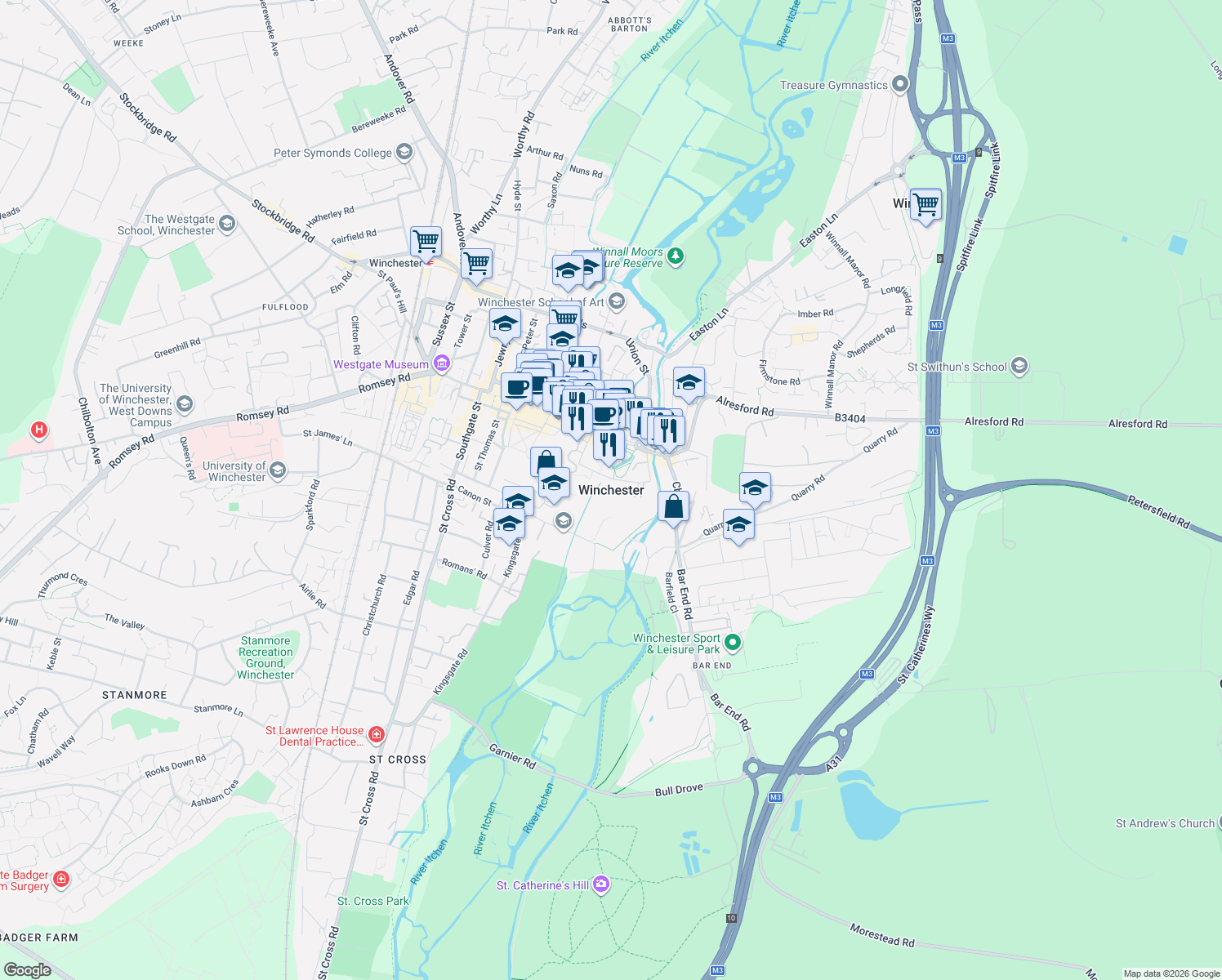 map of restaurants, bars, coffee shops, grocery stores, and more near in Winchester