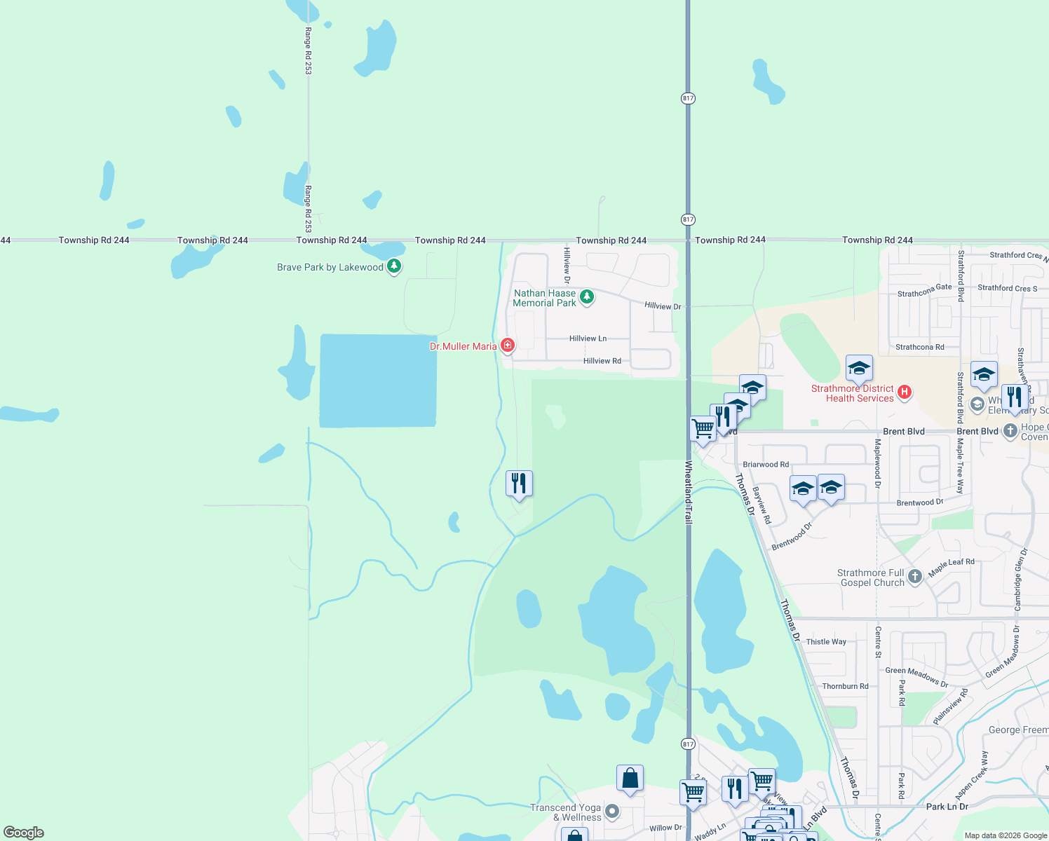 map of restaurants, bars, coffee shops, grocery stores, and more near 1245 Hillcrest Manor Estates in Strathmore