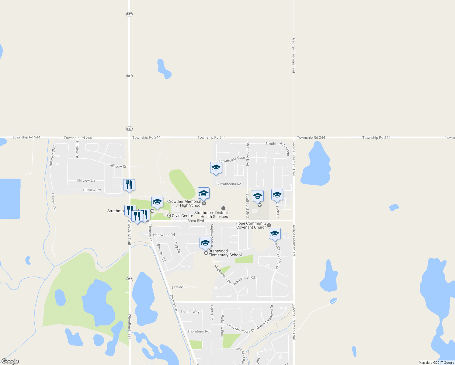 map of restaurants, bars, coffee shops, grocery stores, and more near 1146 Strathcona Road in Strathmore