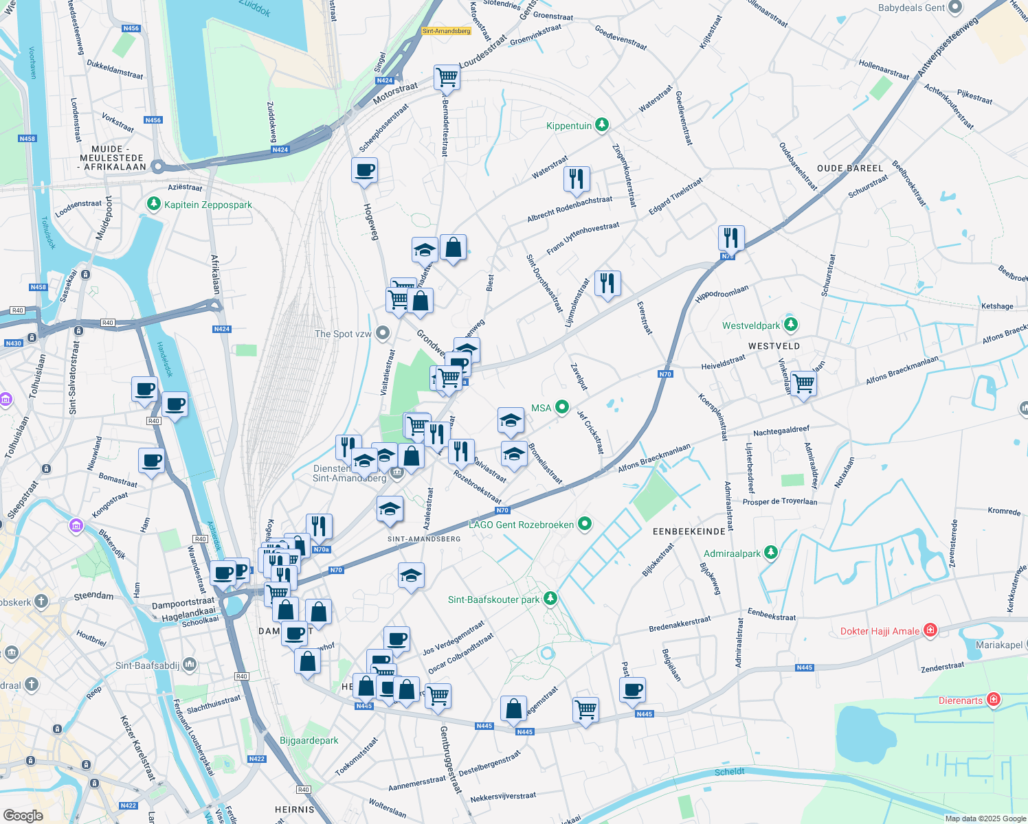 map of restaurants, bars, coffee shops, grocery stores, and more near in Ghent