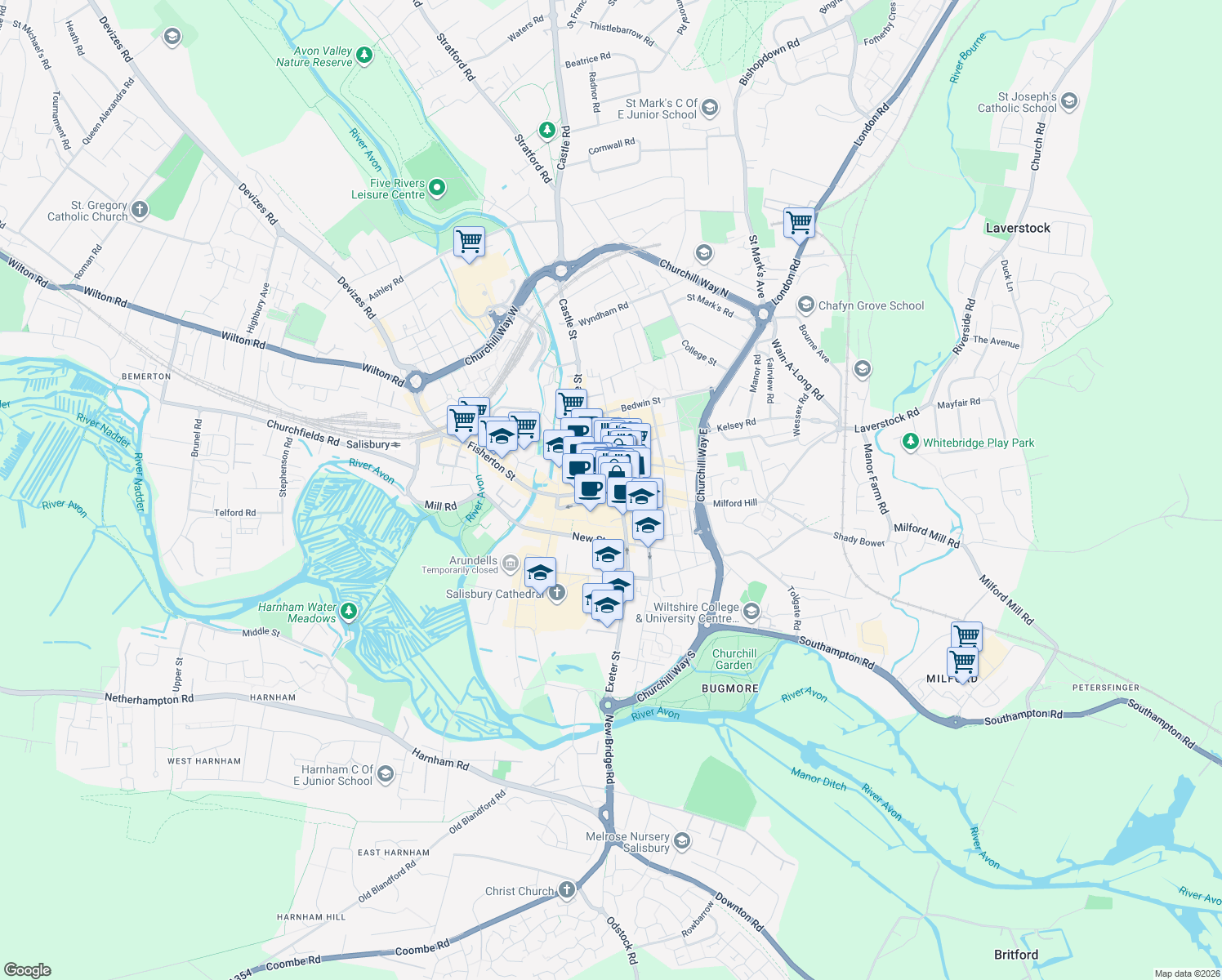 map of restaurants, bars, coffee shops, grocery stores, and more near in Salisbury