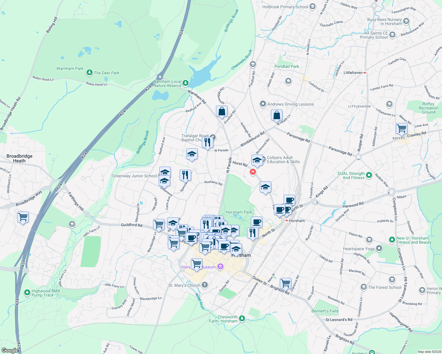 map of restaurants, bars, coffee shops, grocery stores, and more near 31 Lynwood Court in West Sussex