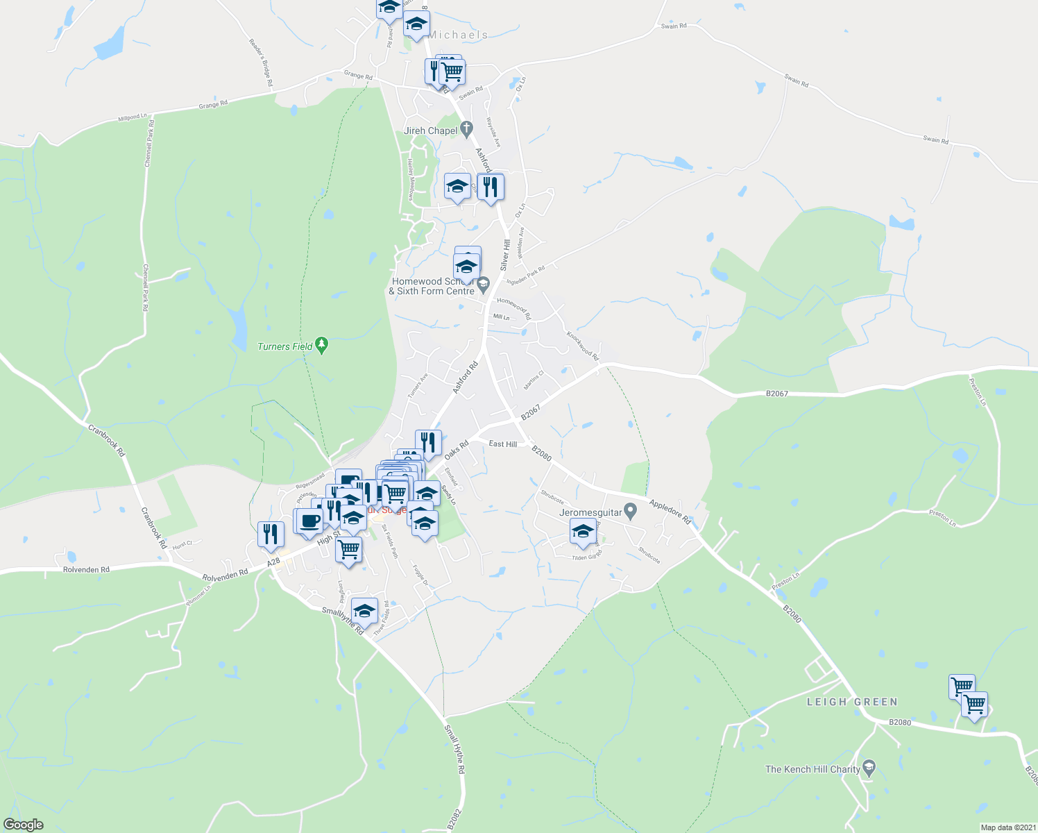 map of restaurants, bars, coffee shops, grocery stores, and more near in Kent