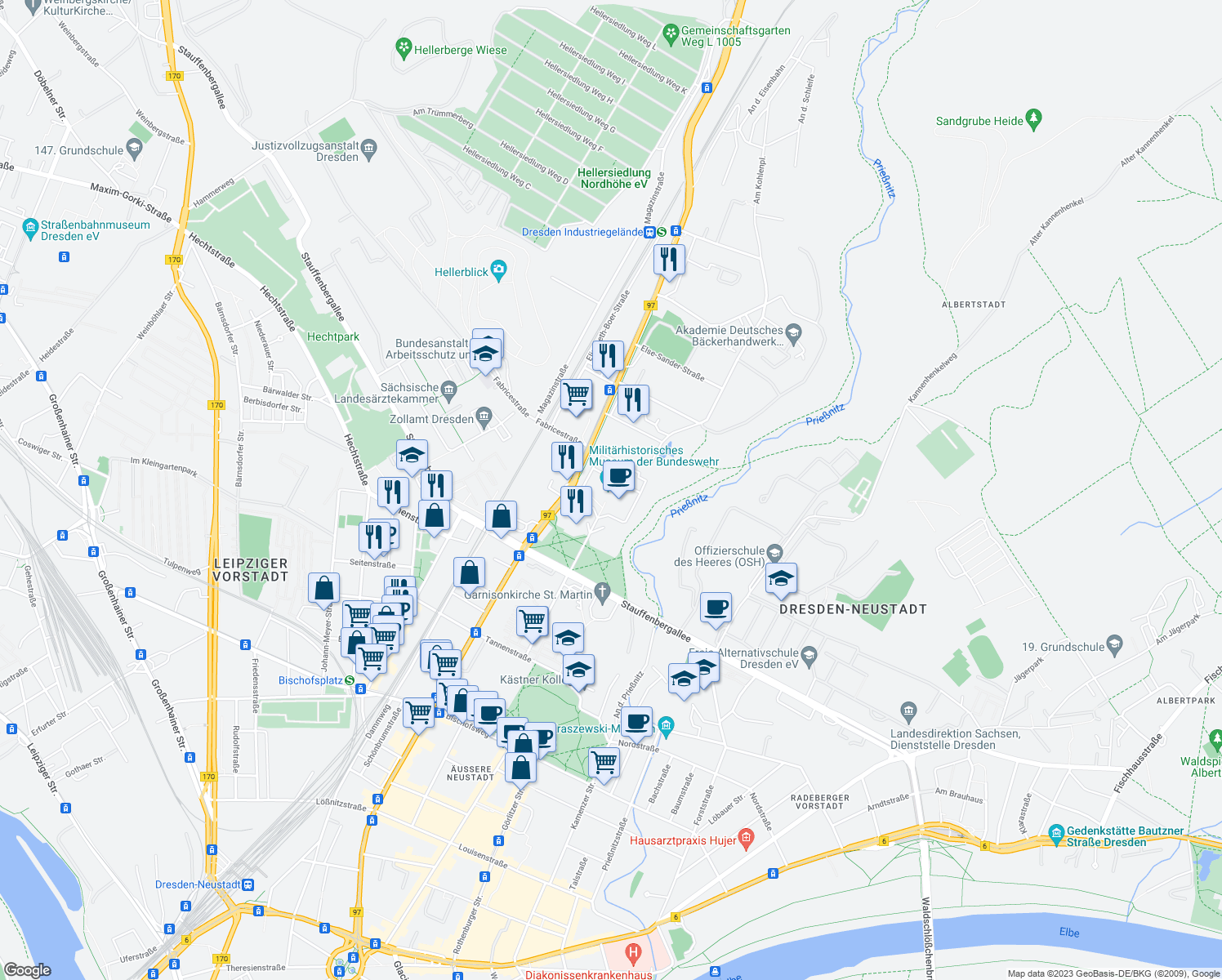 map of restaurants, bars, coffee shops, grocery stores, and more near 2 Olbrichtplatz in Dresden