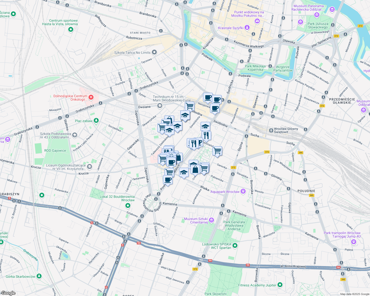 map of restaurants, bars, coffee shops, grocery stores, and more near 13 Powstańców Śląskich in Wrocław