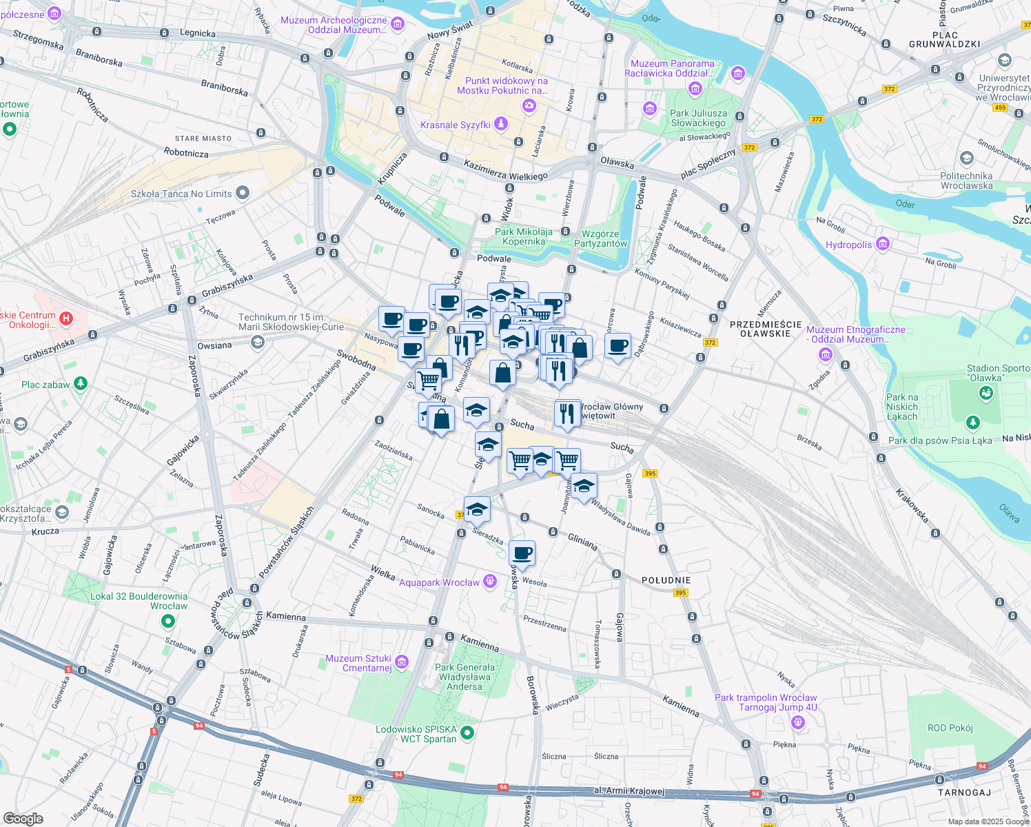 map of restaurants, bars, coffee shops, grocery stores, and more near 2 Borowska in Wrocław