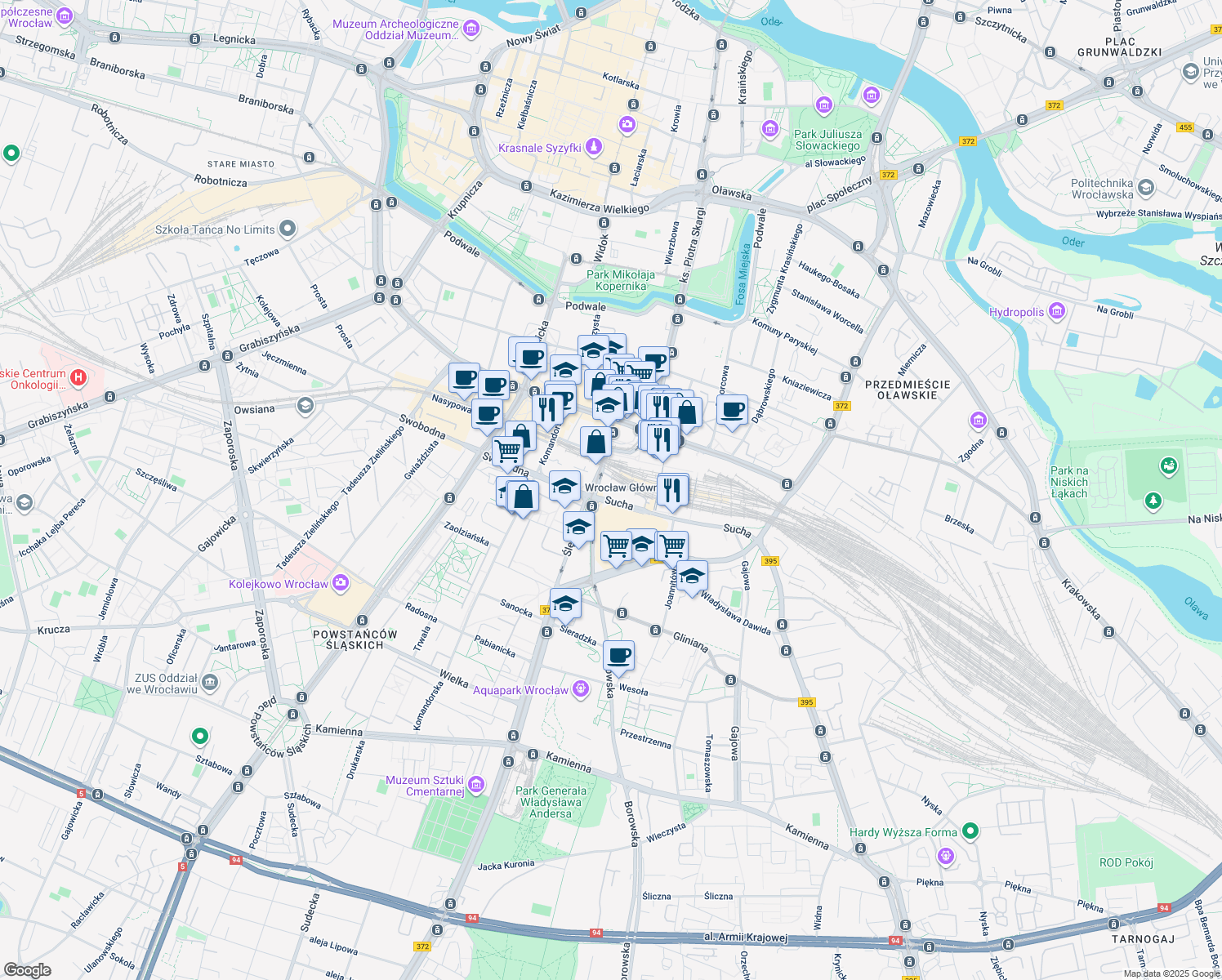 map of restaurants, bars, coffee shops, grocery stores, and more near 2 Borowska in Wrocław
