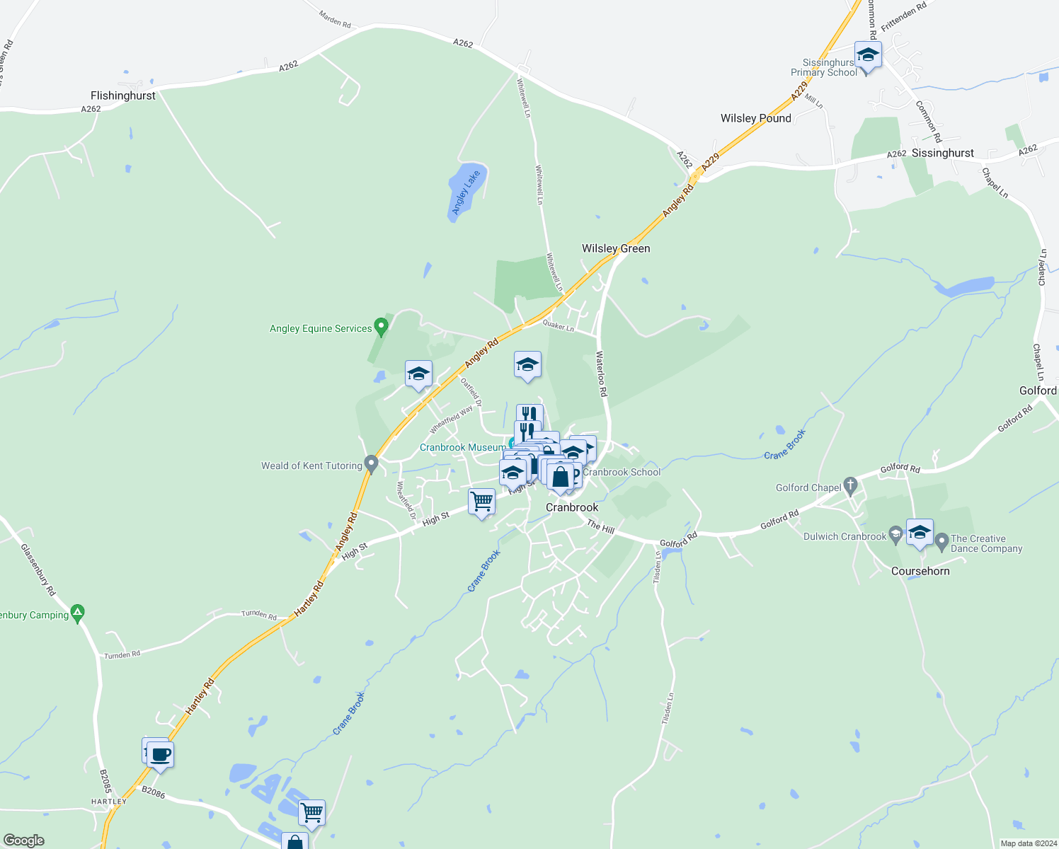 map of restaurants, bars, coffee shops, grocery stores, and more near 54 Carriers Road in Kent