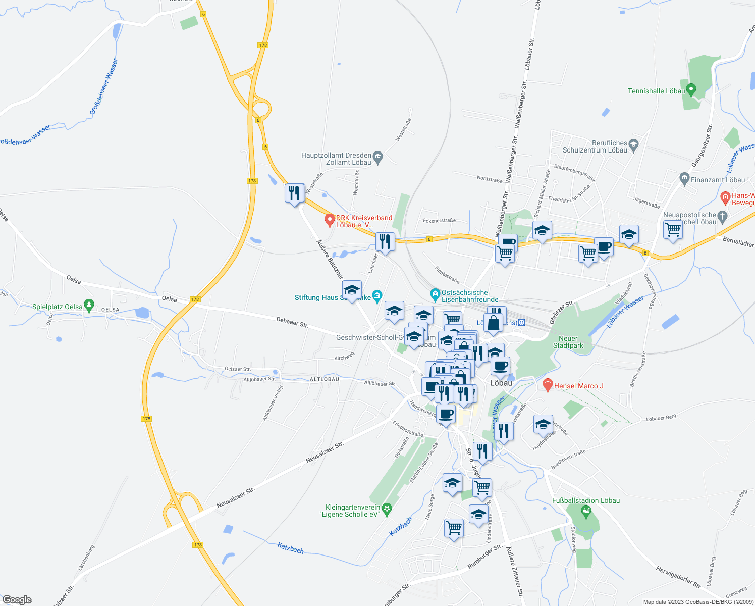 map of restaurants, bars, coffee shops, grocery stores, and more near 1B Kirschallee in Löbau