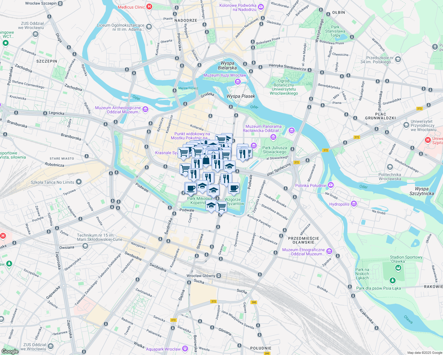 map of restaurants, bars, coffee shops, grocery stores, and more near 30 Wierzbowa in Wroclaw
