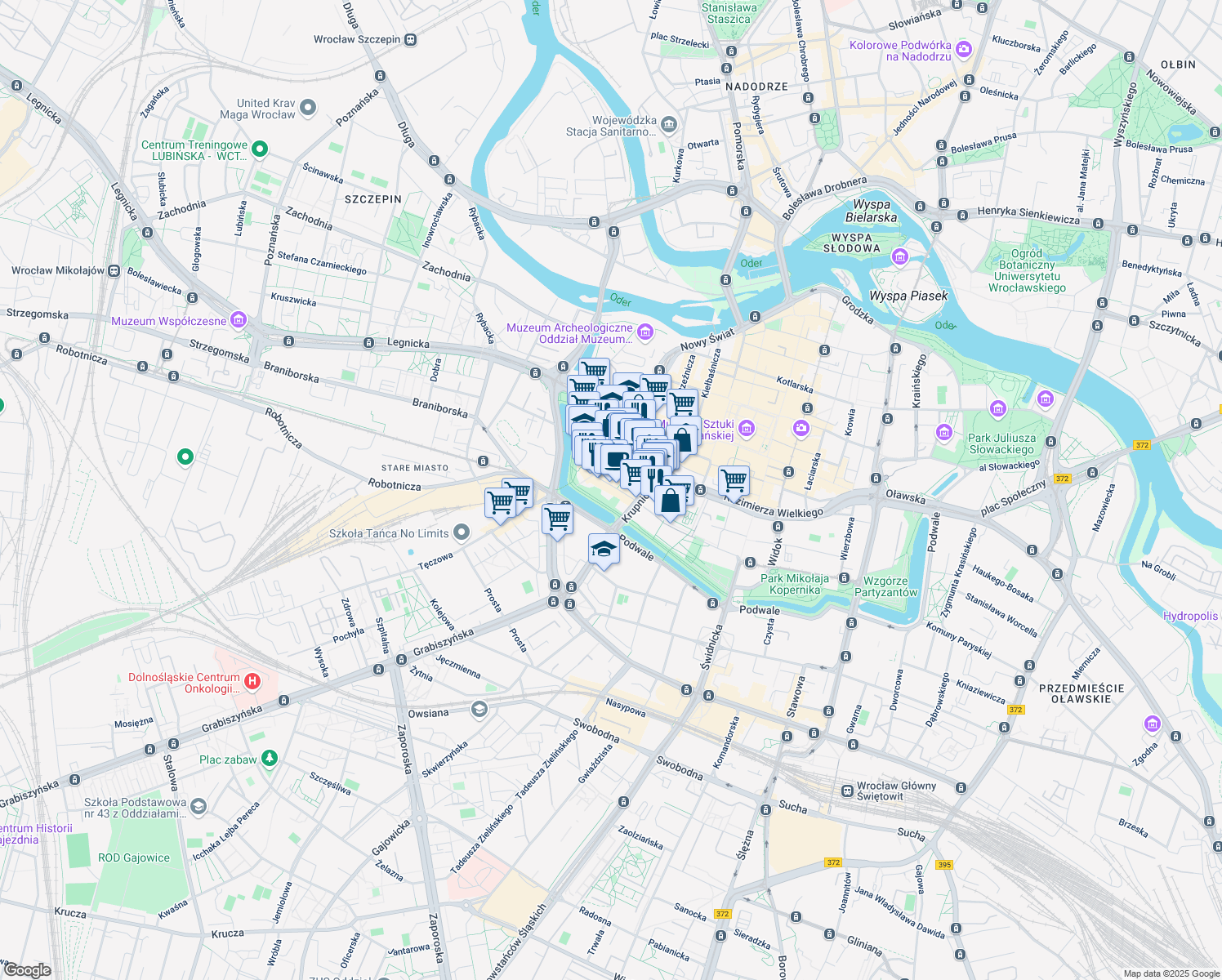 map of restaurants, bars, coffee shops, grocery stores, and more near 6 Pawła Włodkowica in Wrocław