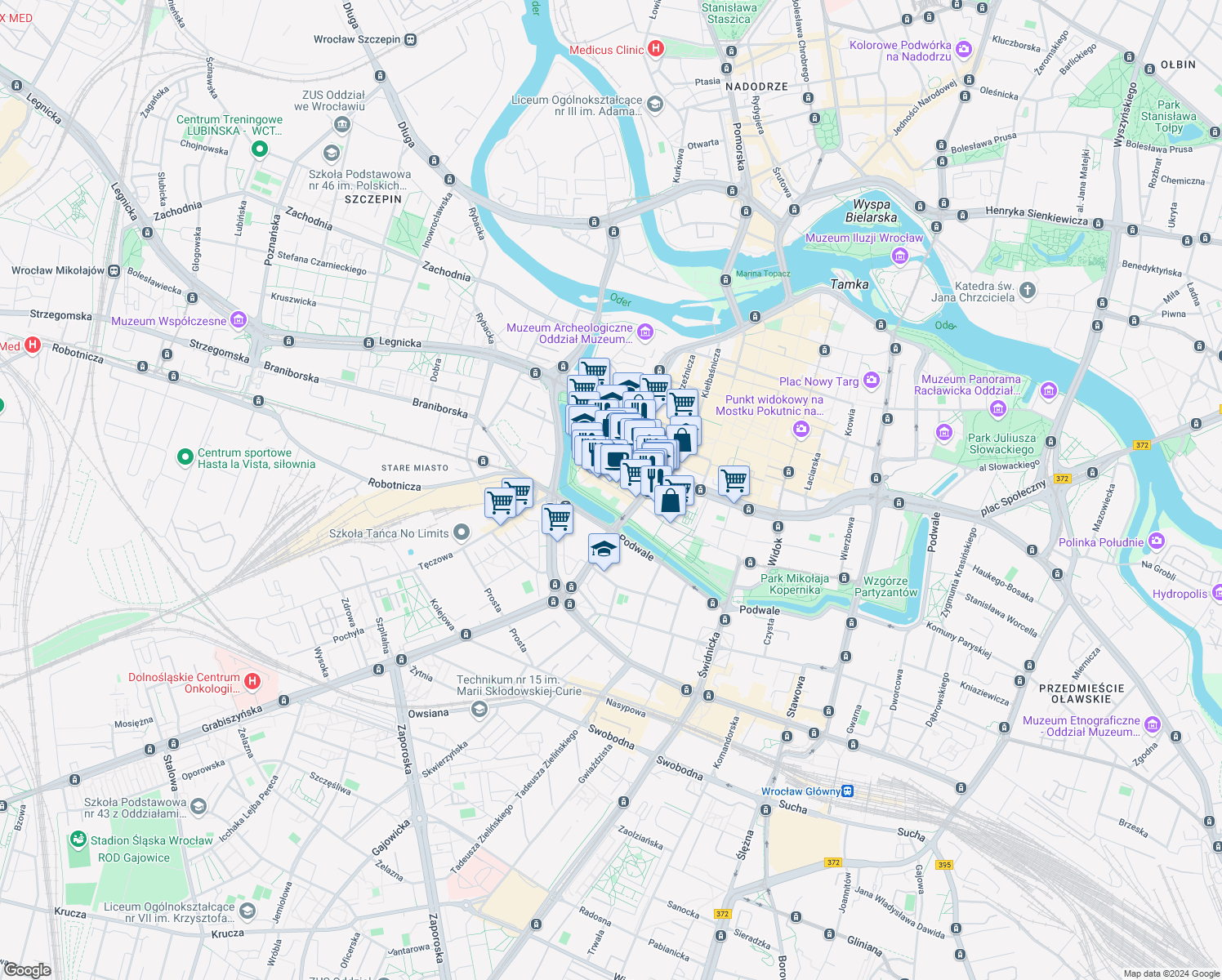 map of restaurants, bars, coffee shops, grocery stores, and more near 6 Pawła Włodkowica in Wrocław