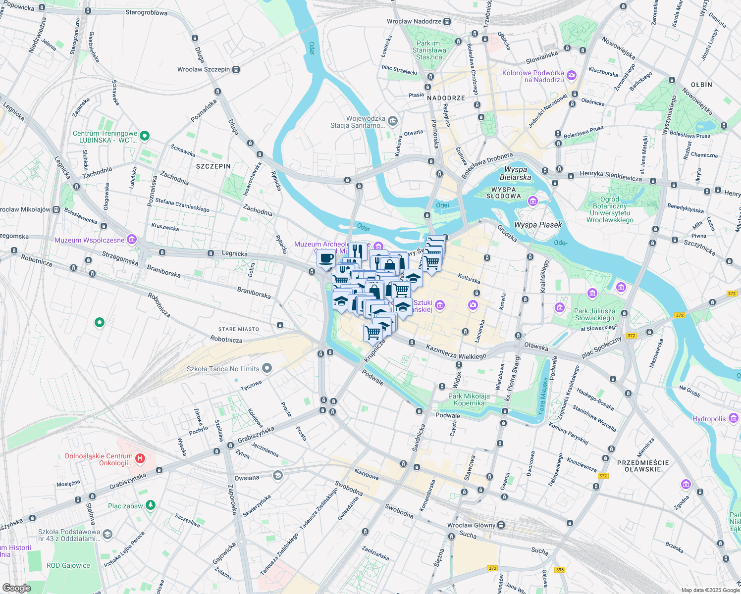 map of restaurants, bars, coffee shops, grocery stores, and more near Ruska in Wroclaw