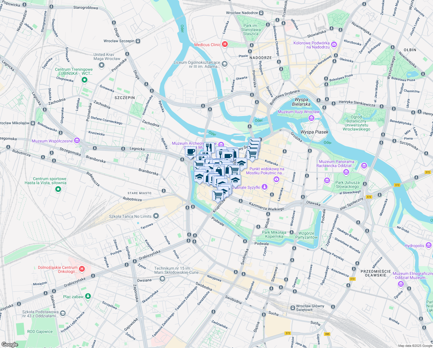 map of restaurants, bars, coffee shops, grocery stores, and more near Ruska in Wroclaw