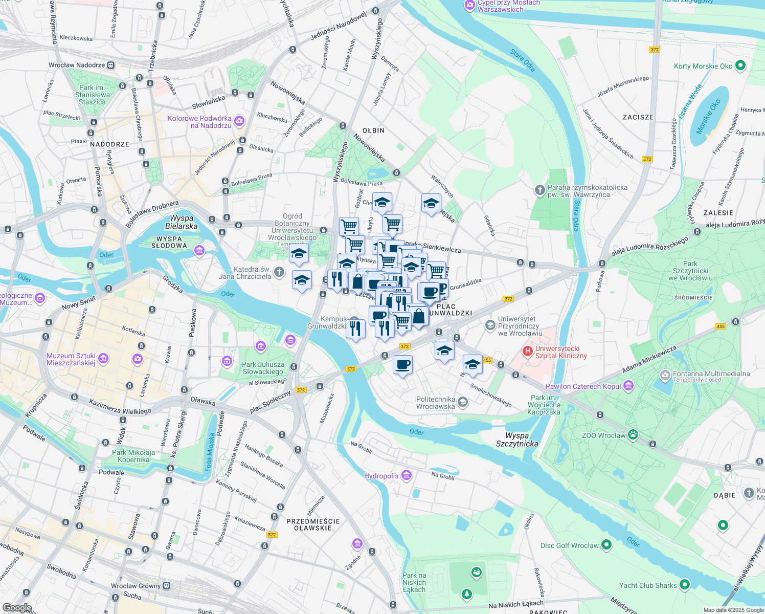 map of restaurants, bars, coffee shops, grocery stores, and more near 47 Szczytnicka in Wroclaw