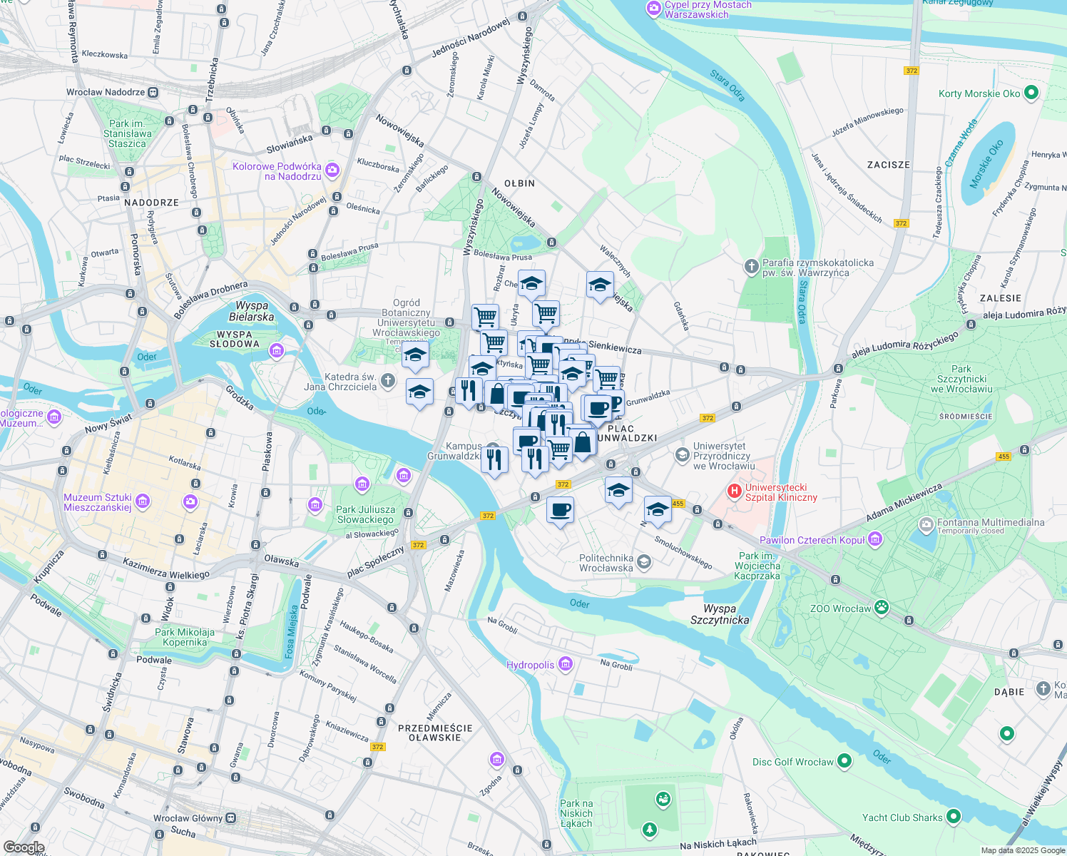 map of restaurants, bars, coffee shops, grocery stores, and more near 47 Szczytnicka in Wroclaw