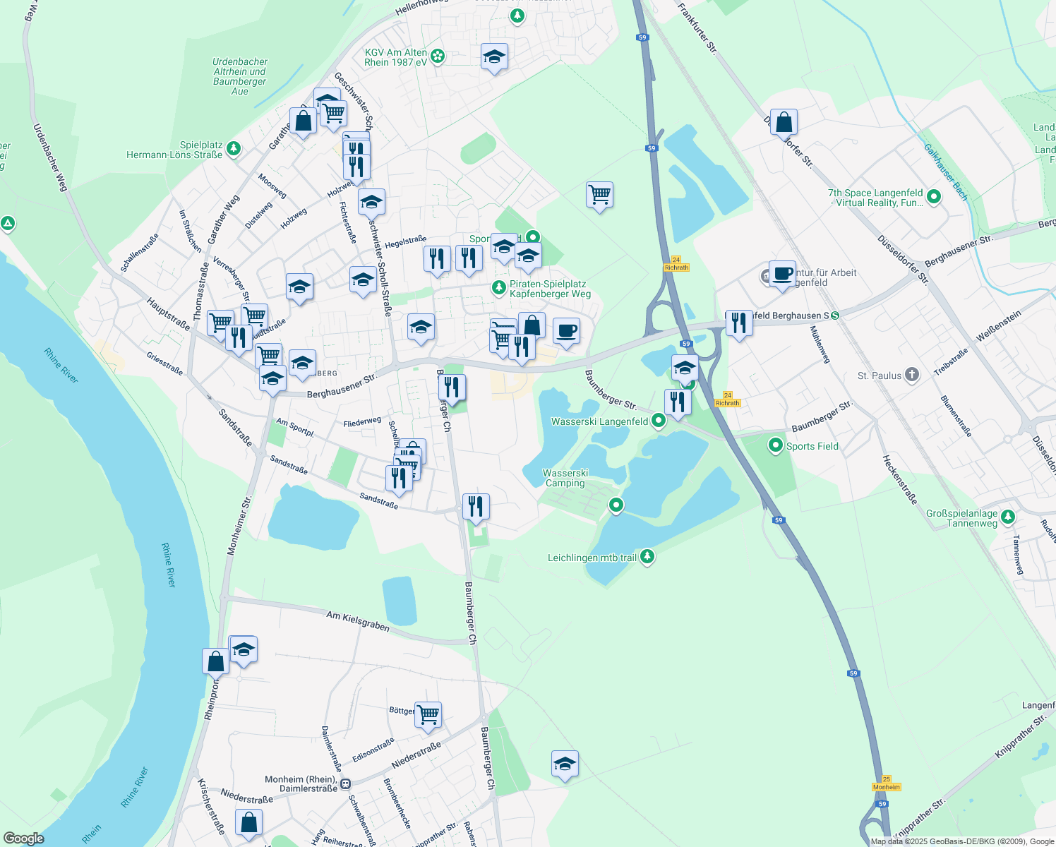 map of restaurants, bars, coffee shops, grocery stores, and more near 1 Ecolab-Allee in Langenfeld (Rheinland)